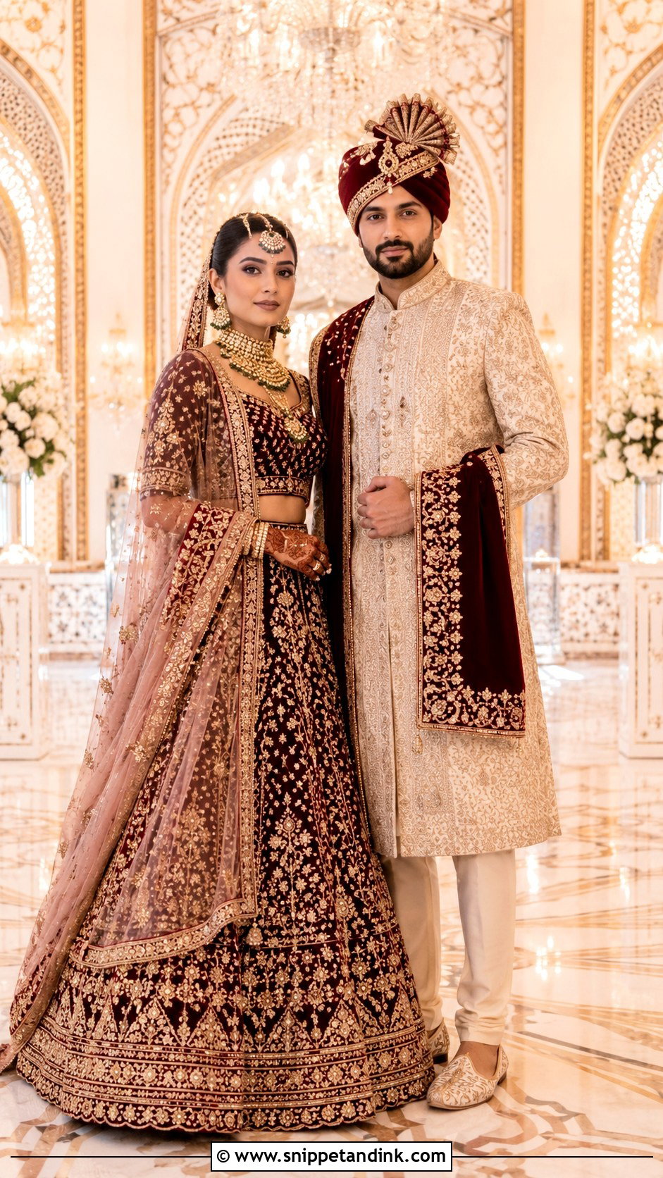 Maroon Lehenga And Champagne Sherwani Outfit - Snippet and Ink - 20 Indian Couple Wedding Outfit Ideas