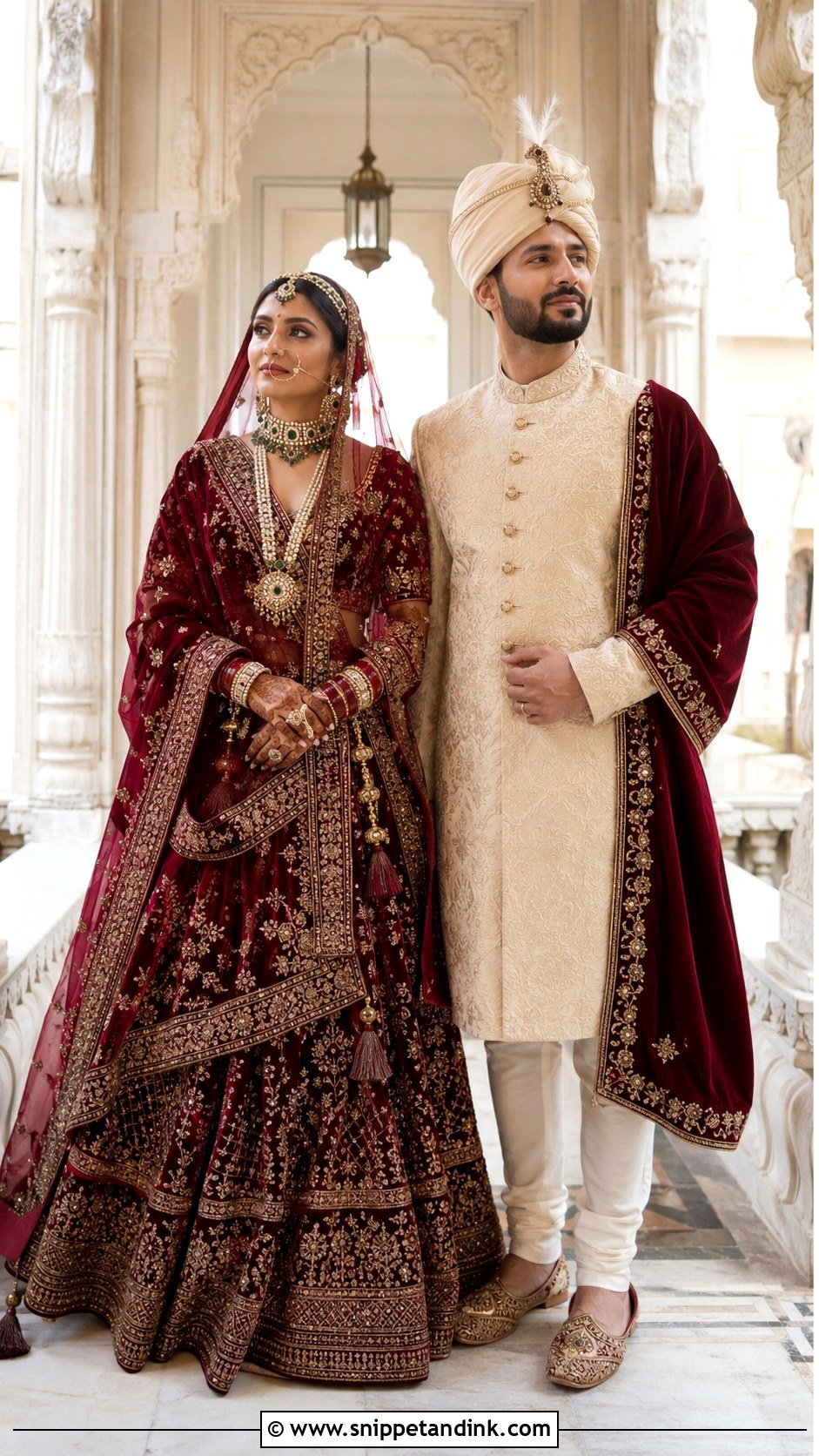 Maroon Lehenga And Cream Achkan - Snippet and Ink - 20 Couple Matching Outfits Indian Wedding