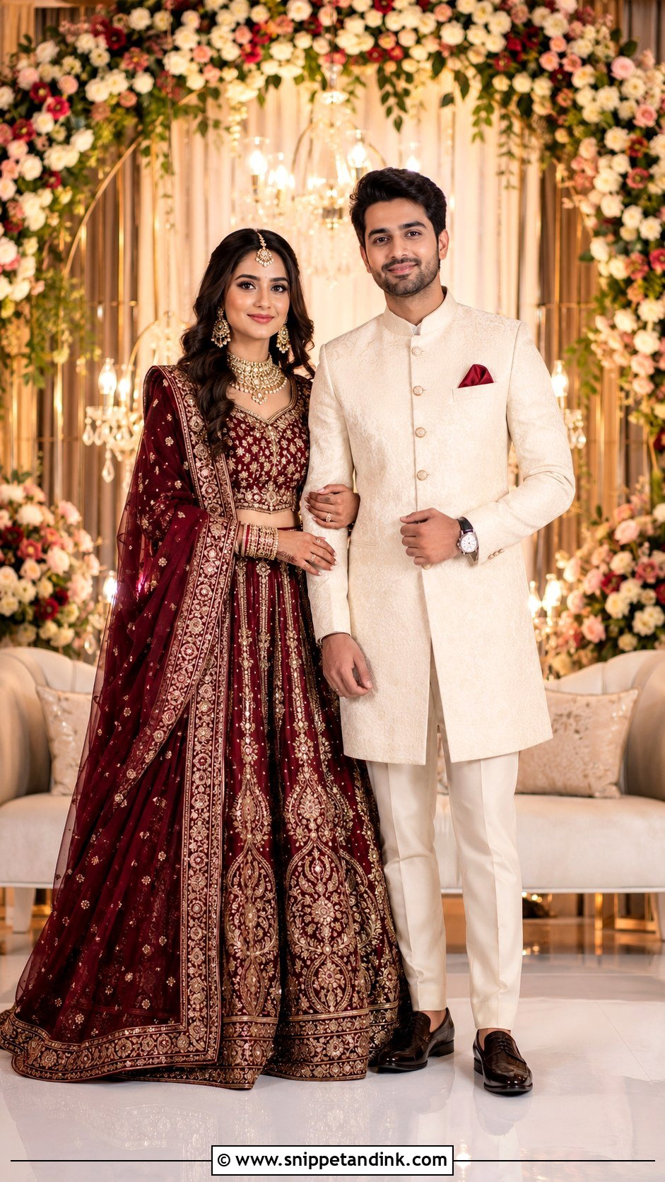 Maroon Lehenga And Cream Bandhgala - Snippet and Ink - 25 Indian Couple Ring Ceremony Dress Ideas