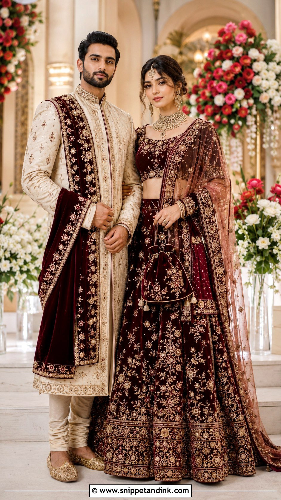 Maroon Lehenga And Cream Sherwani Couple Outfit - Snippet and Ink - 20 Couple Matching Indian Outfits