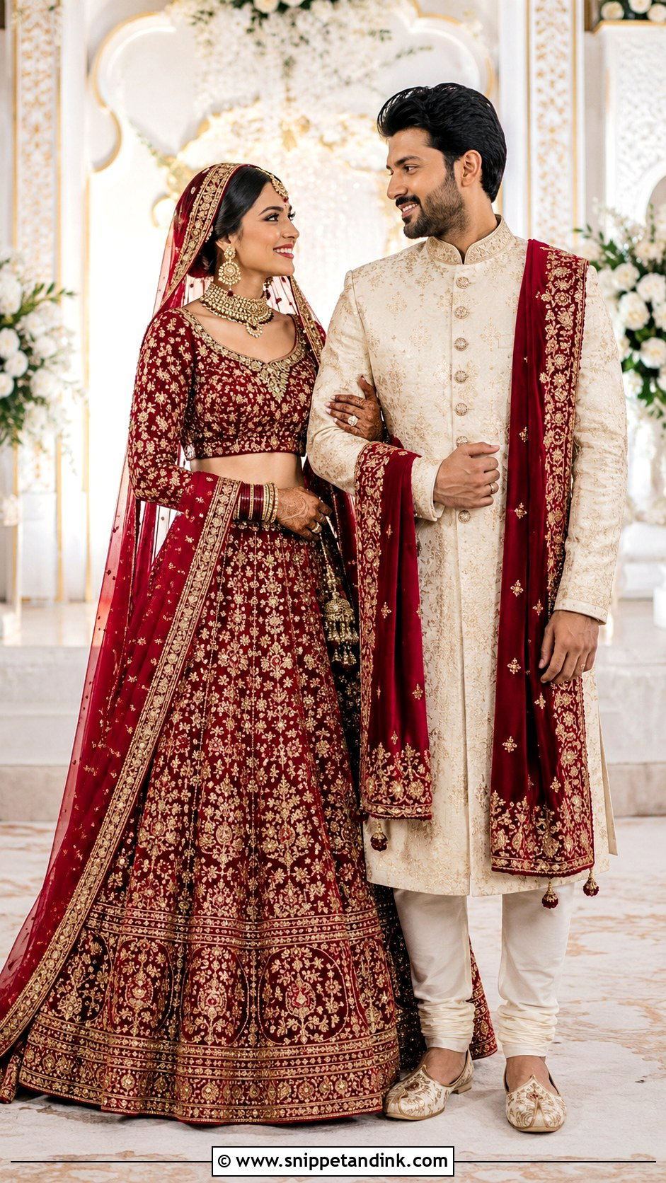 Maroon Lehenga And Cream Sherwani - Snippet and Ink - 20 Couple Matching Dress Indian Wedding Ideas