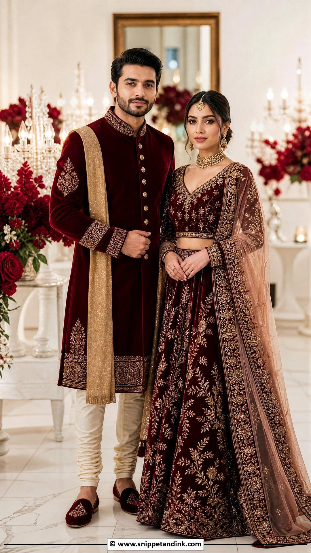 Maroon Lehenga And Maroon Sherwani - Snippet and Ink - 35 Indian Couple Matching Dress Ideas