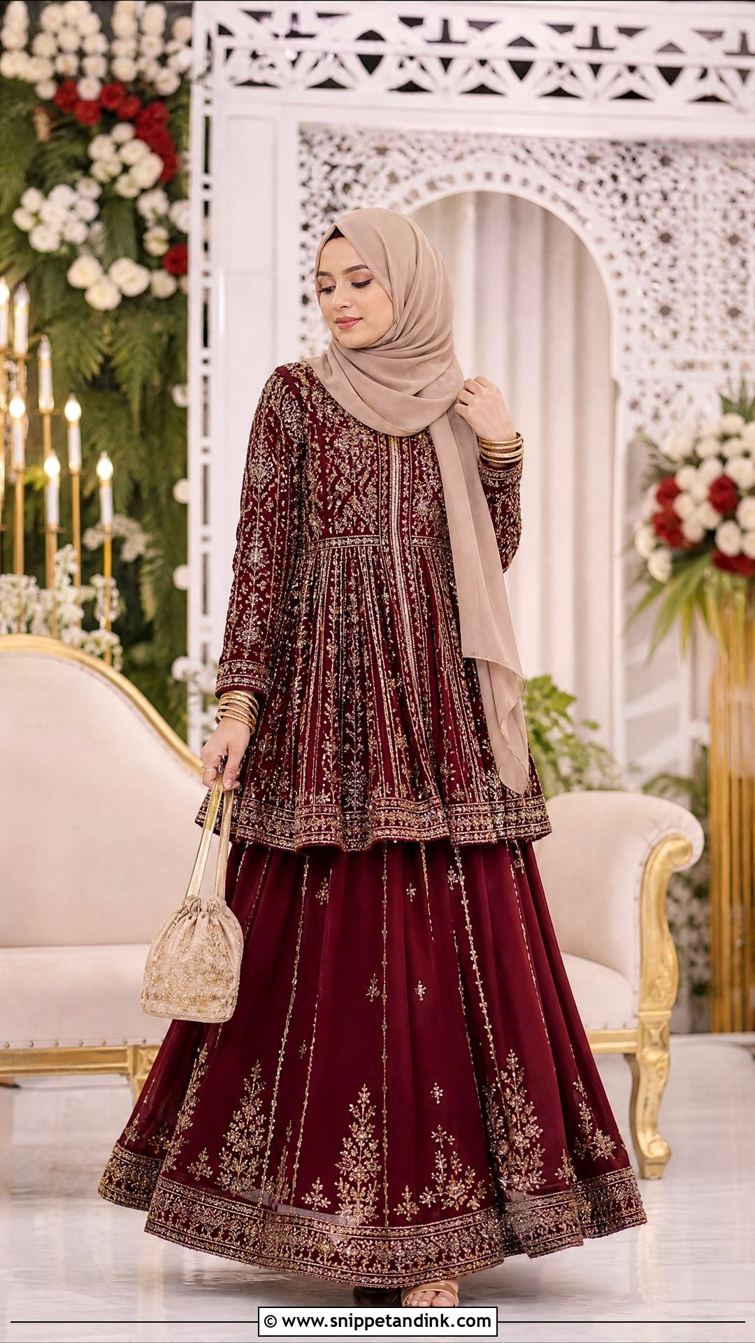 Maroon Lehenga With Beige Hijab - Snippet and Ink - 20 Pakistani Hijab for Wedding Party Ideas