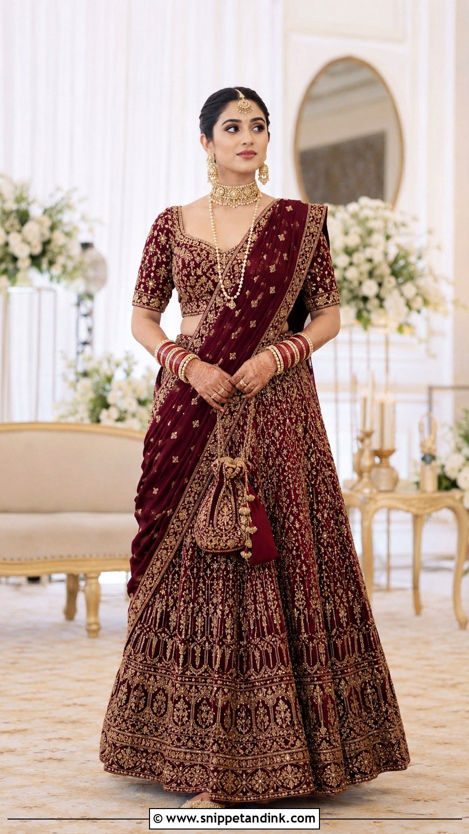 Maroon Lehenga With One Shoulder Bridal Dupatta - Snippet and Ink - 20 Bridal Dupatta Style Ideas