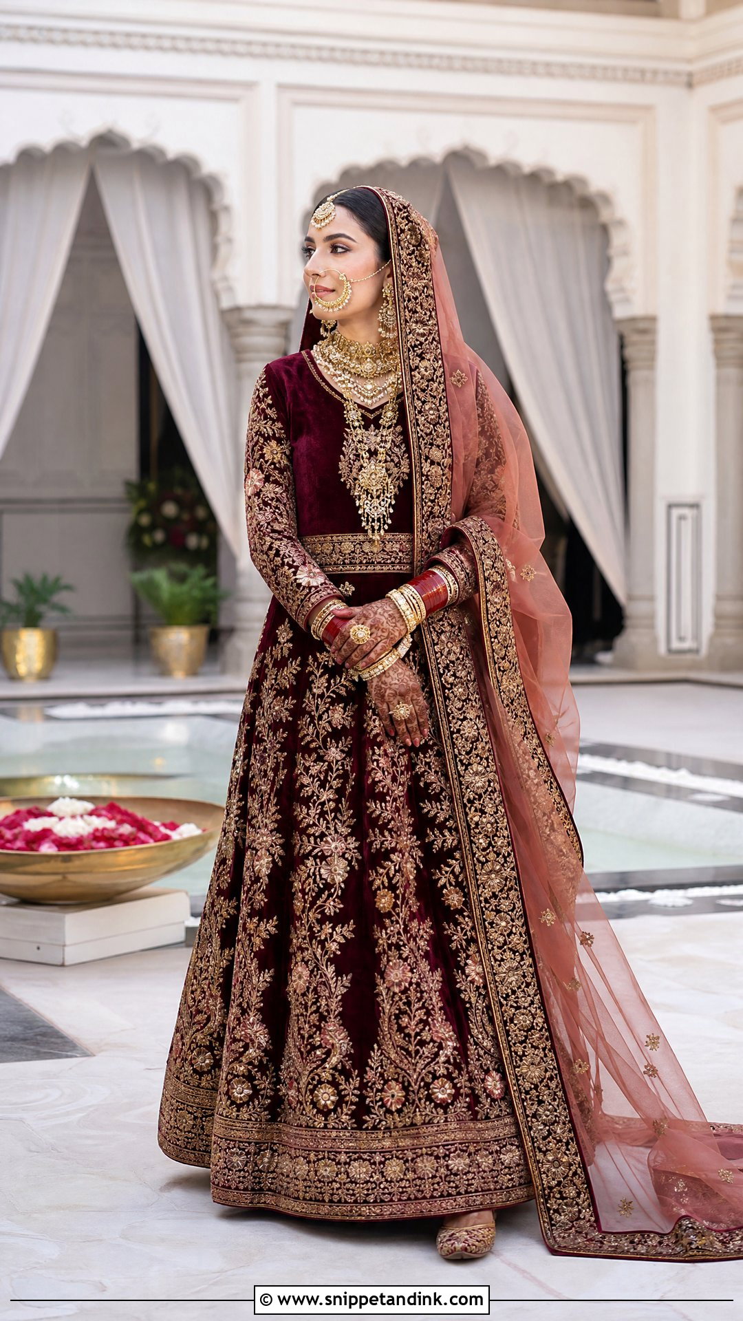 Maroon Lehenga With Velvet Trail Dupatta - Snippet and Ink - 20 Trail Dupatta Bridal Ideas