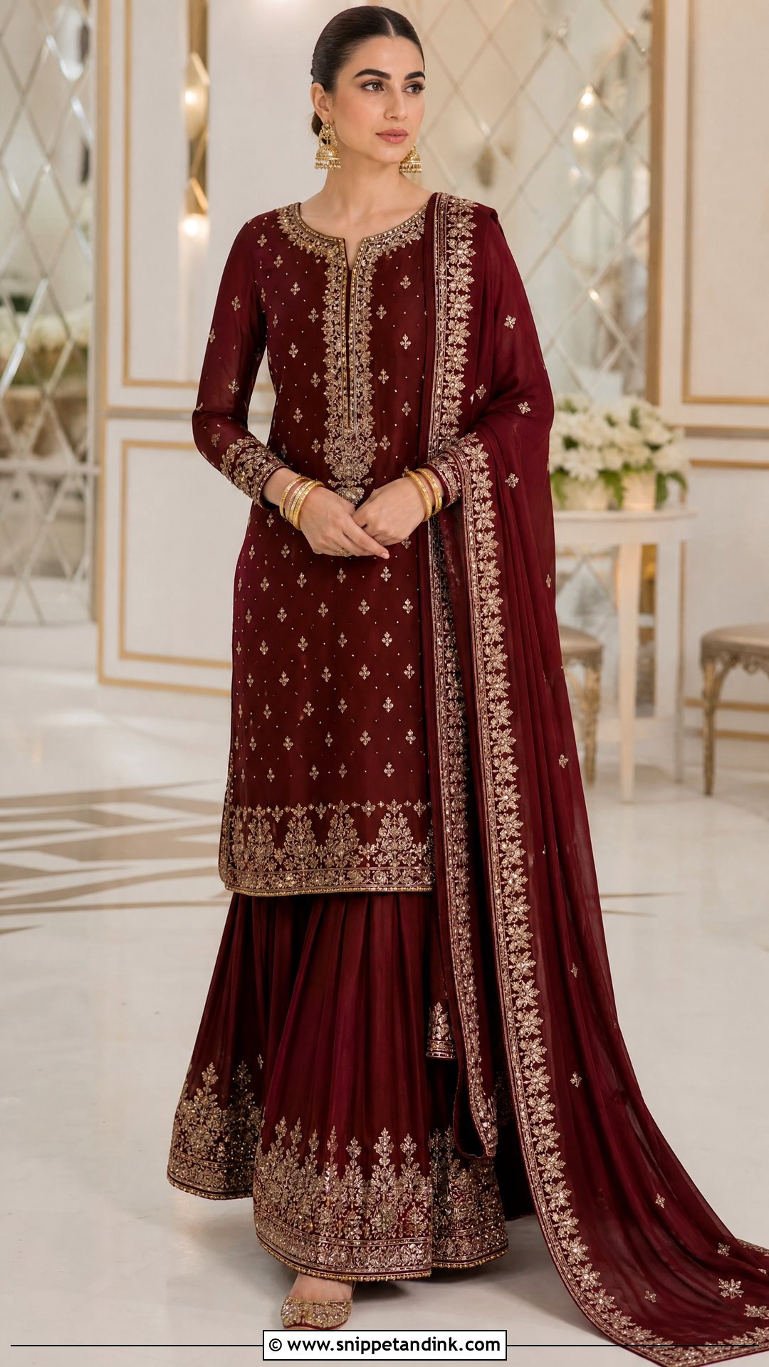 Maroon Long Shirt With Gharara - Snippet and Ink - 25 Pakistani Long Shirt Wedding Dress Ideas