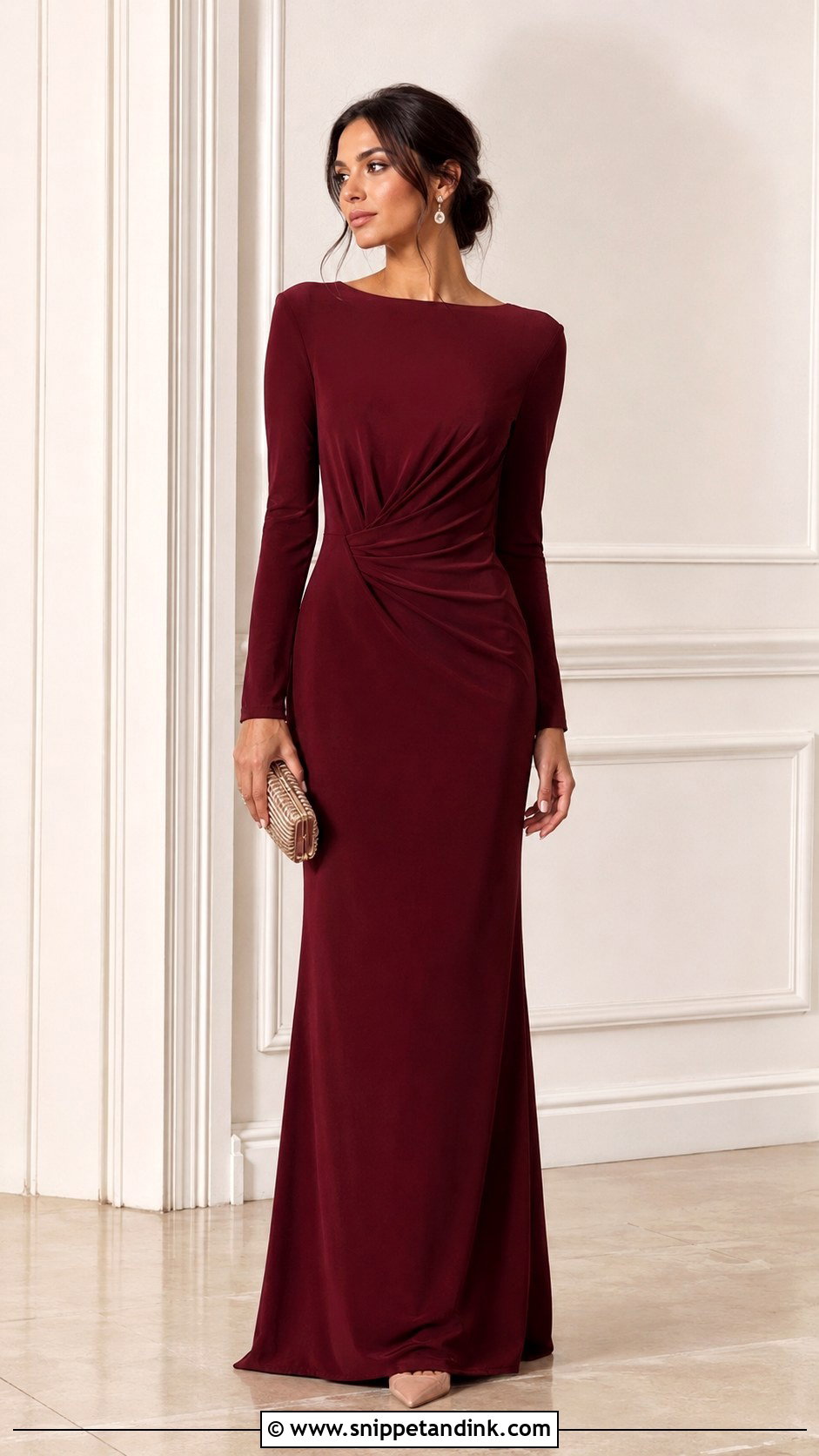 Maroon Long Sleeve Gown With Pointed Heels - Snippet and Ink - 30 Maroon Gown Ideas