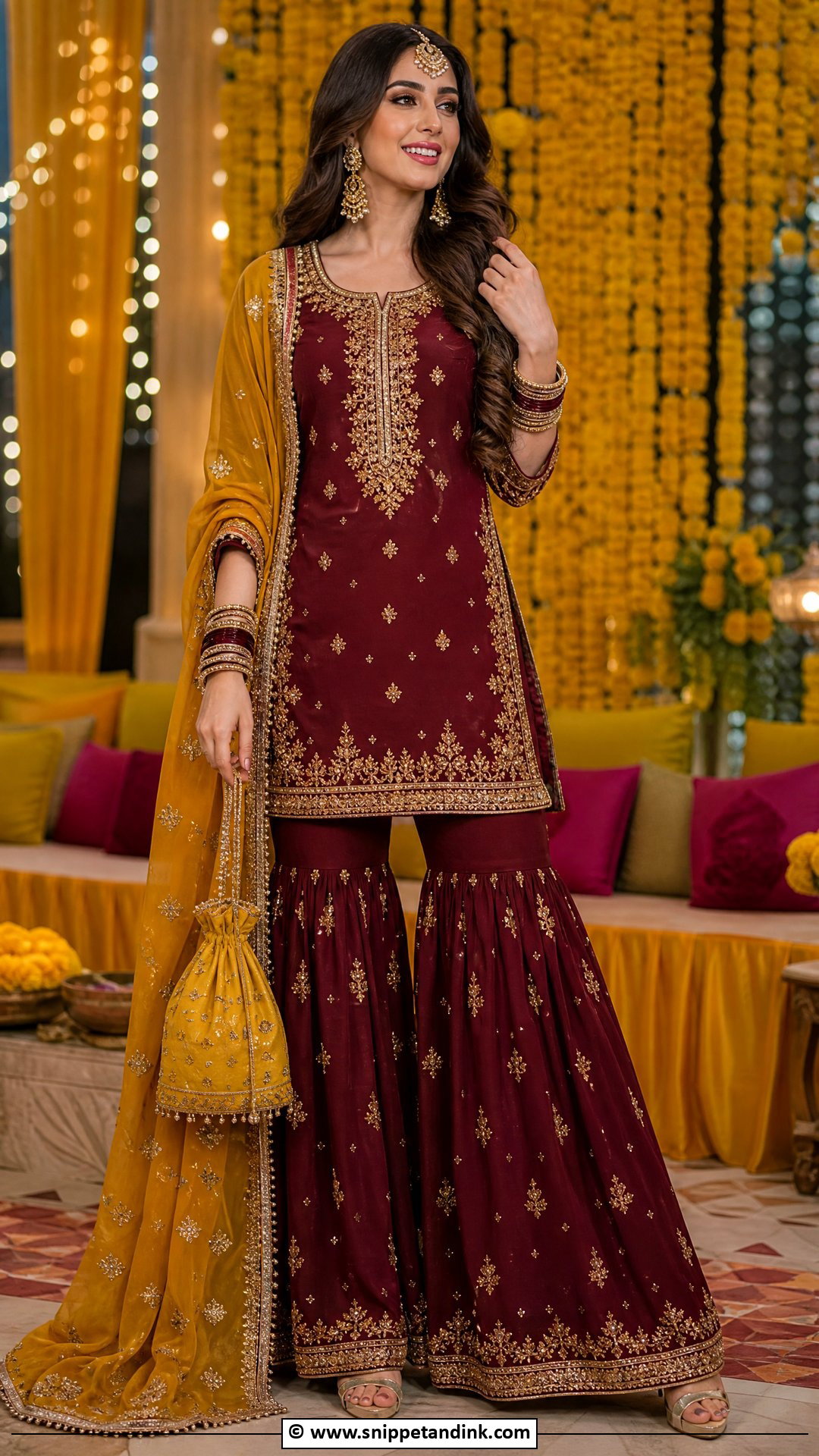 Maroon Mehndi Sharara With Mustard Dupatta - Snippet and Ink - 35 Mehndi Dresses