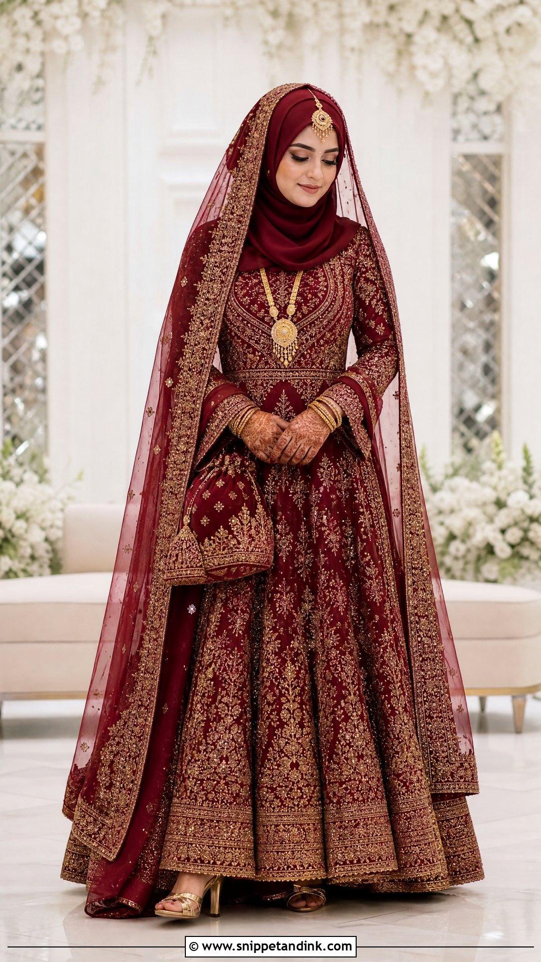 Maroon Nikah Hijab With Traditional Lehenga - Snippet and Ink - 20 Nikah Hijab Style Ideas