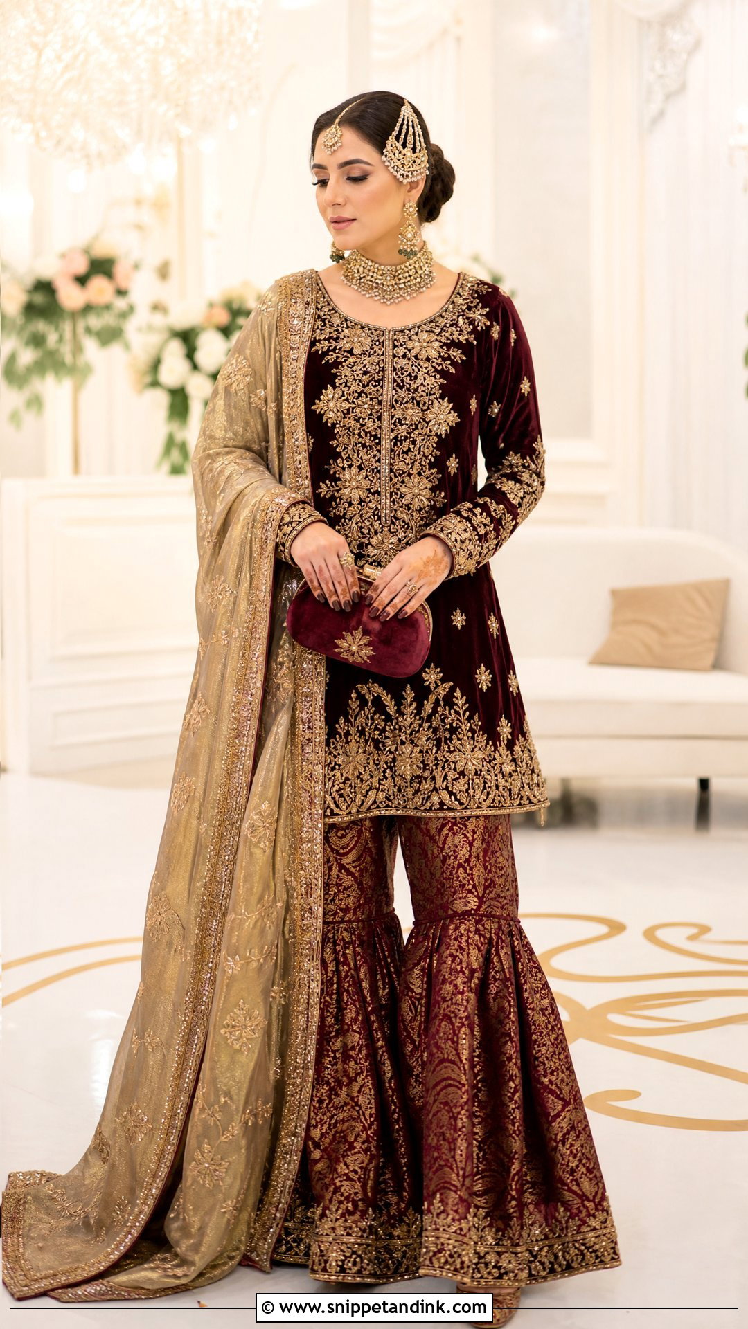 Maroon Nikkah Gharara With Velvet Shirt - Snippet and Ink - 20 Nikkah Gharara Outfit Ideas