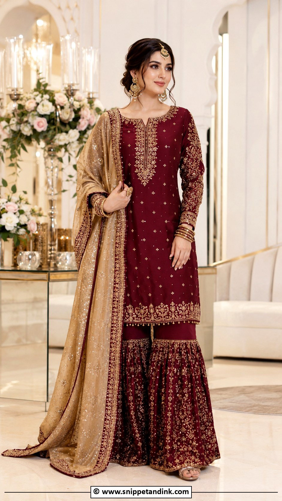 Maroon Nikkah Outfit With Gold Dupatta - Snippet and Ink - 30 Nikkah Look Ideas