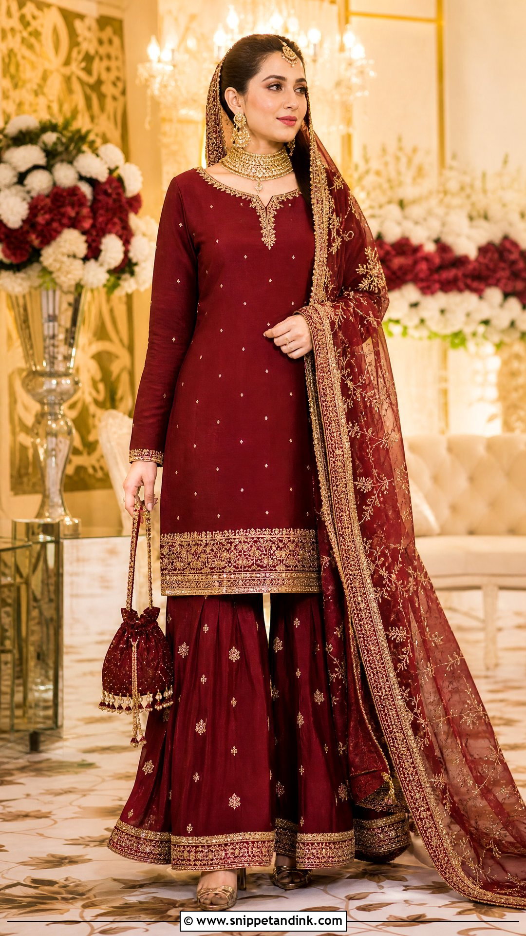 Maroon Nikkah Sharara With Gold Borders - Snippet and Ink - 20 Nikkah Sharara Ideas