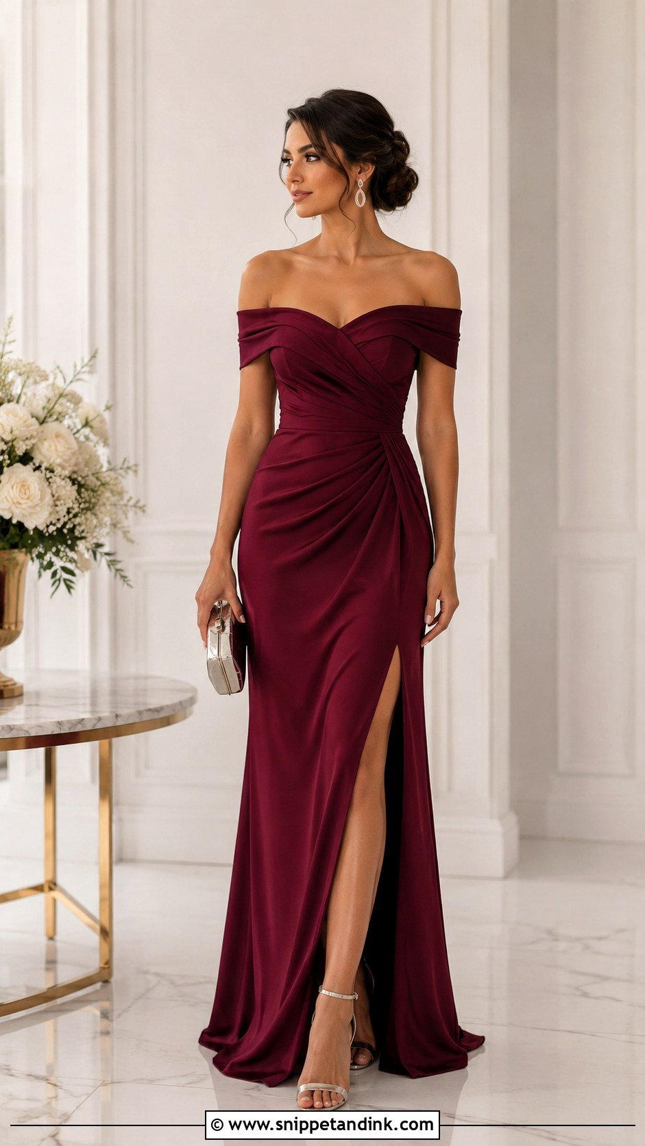 Maroon Off Shoulder Gown With Silver Jewelry - Snippet and Ink - 30 Maroon Gown Ideas