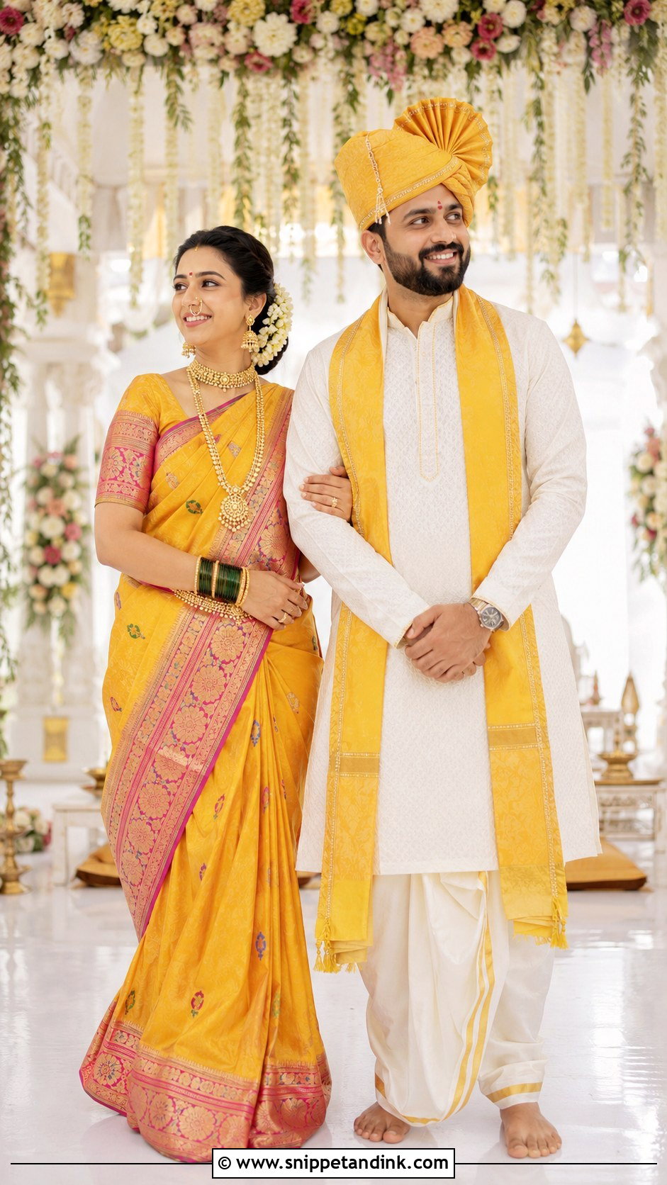 Maroon Paithani Bride And Cream Groom Peshwai Look - Snippet and Ink - 25 Peshwai Look for Wedding Couple Ideas