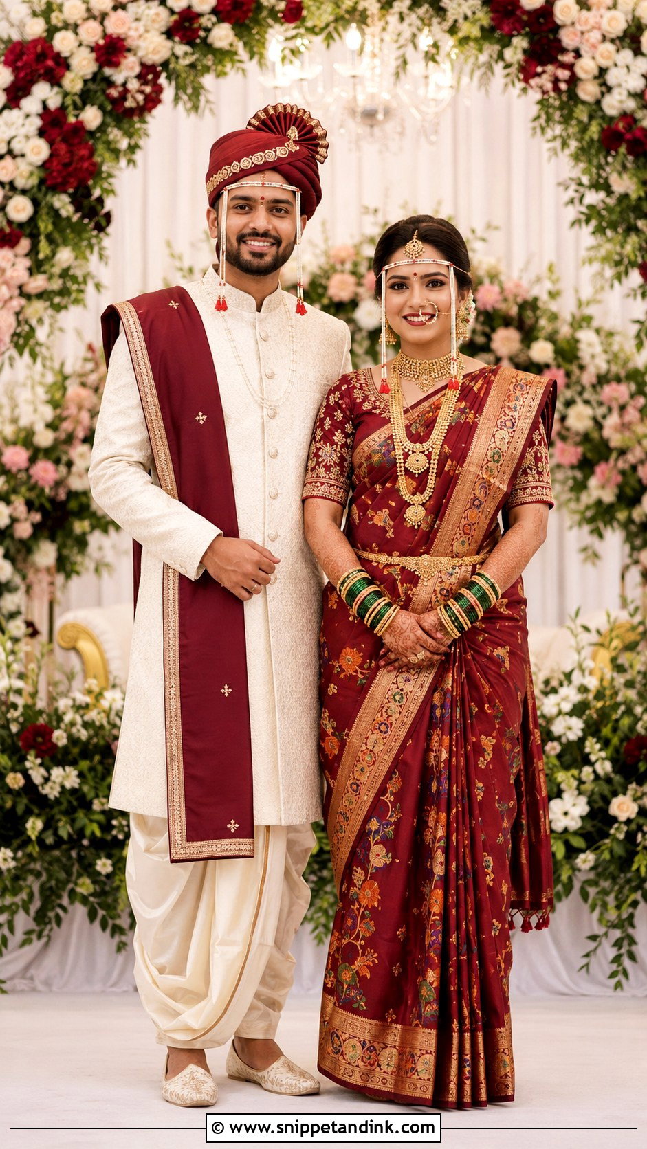 Maroon Paithani Saree And Cream Groom Outfit - Snippet and Ink - 25 Maharashtrian Wedding Couple Outfits