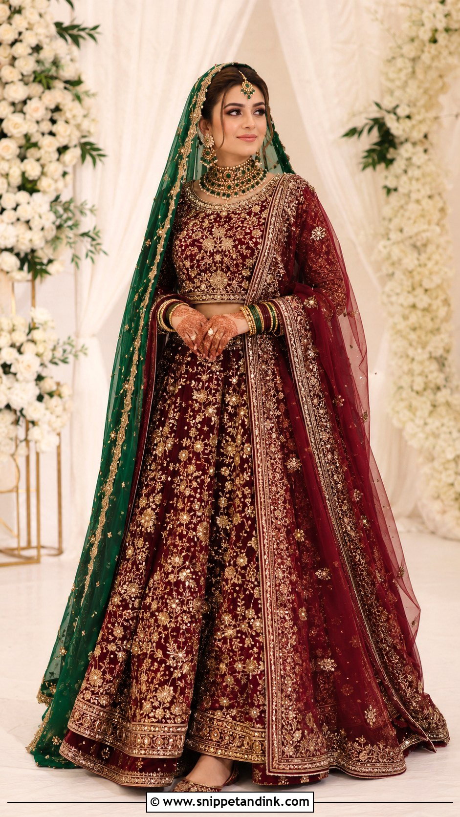 Maroon Pakistani Bridal Lehenga With Green Dupatta - Snippet and Ink - 20 Maroon Pakistani Bridal Dress Ideas