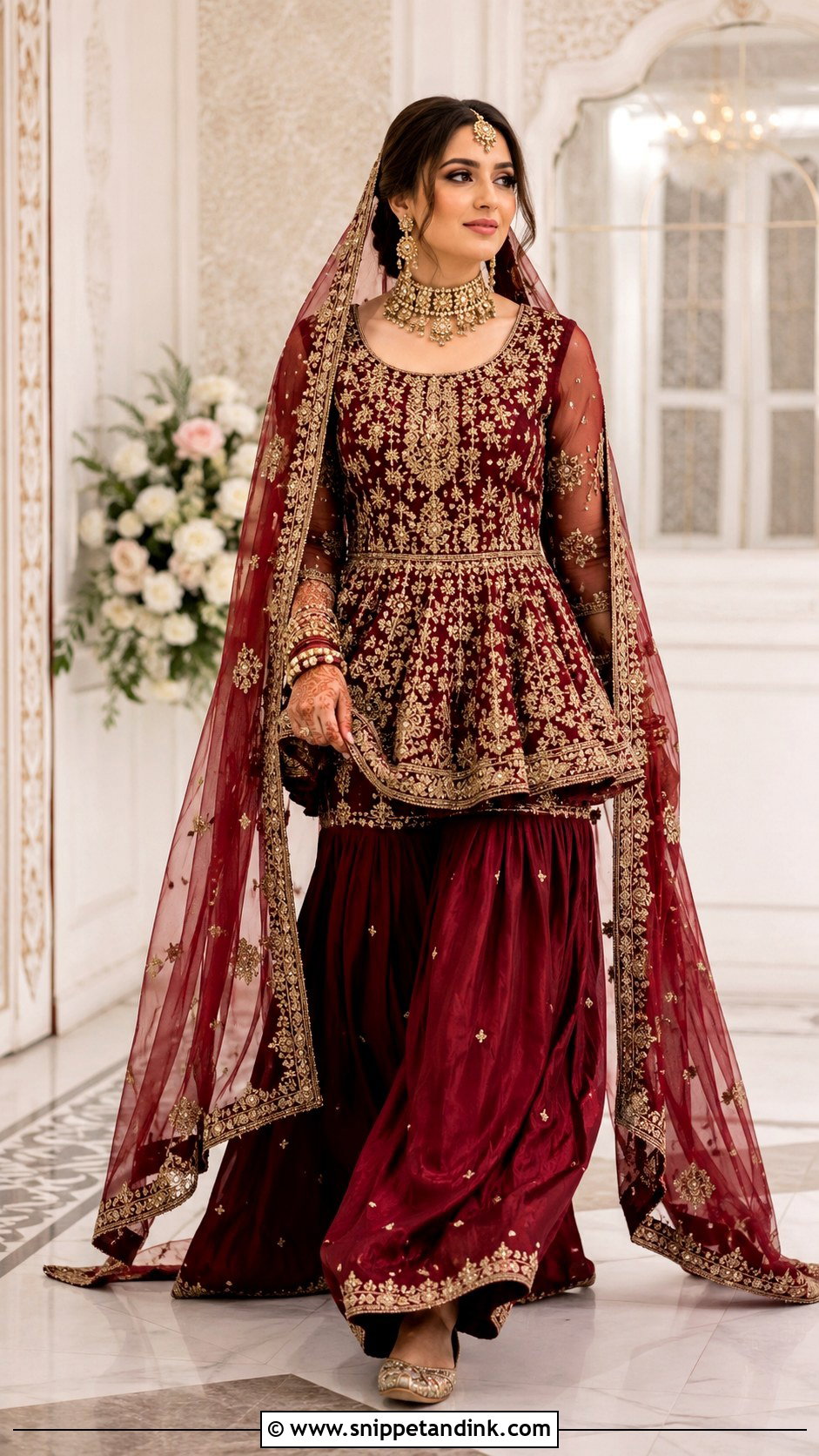 Maroon Pakistani Bridal Sharara With Peplum - Snippet and Ink - 20 Maroon Pakistani Bridal Dress Ideas