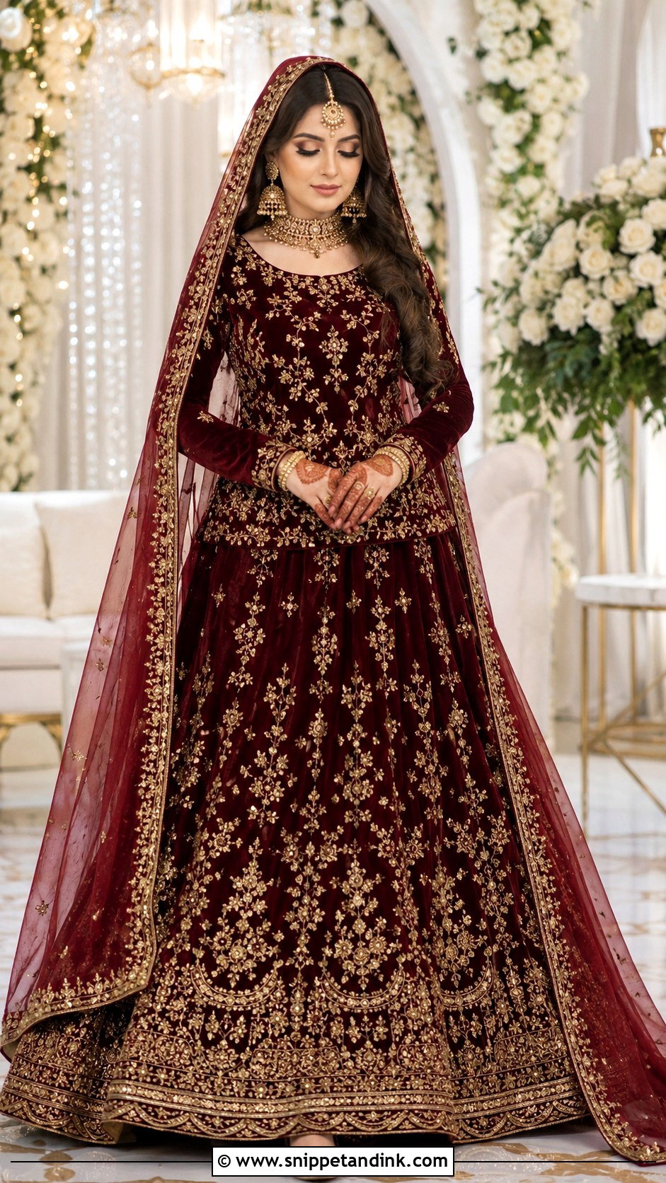 Maroon Pakistani Nikah Velvet Lehenga - Snippet and Ink - 20 Nikha Dresses Pakistani Bridal