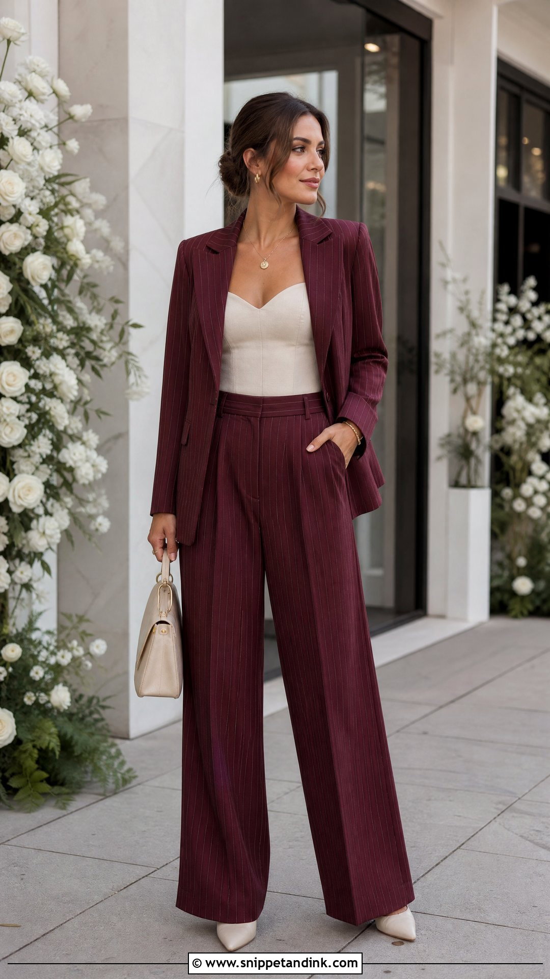 Maroon Pinstripe Wedding Suit With Cream Top - Snippet and Ink - 20 Maroon Wedding Suit Ideas