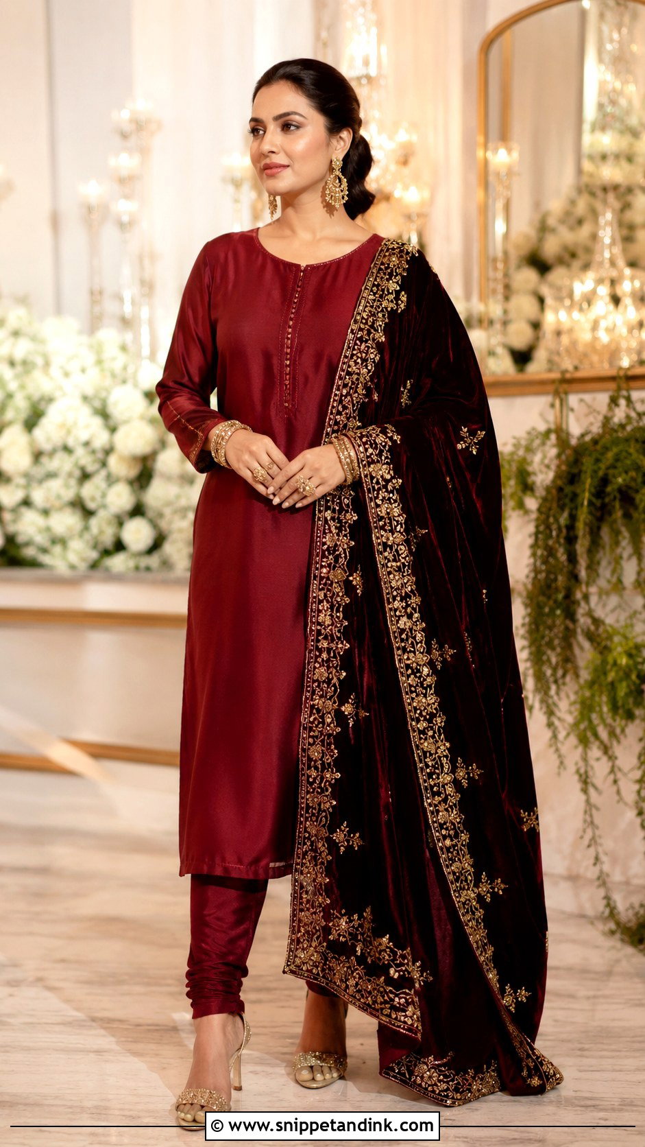 Maroon Plain Suit With Heavy Velvet Dupatta - Snippet and Ink - 30 Plain Suit with Heavy Dupatta Ideas