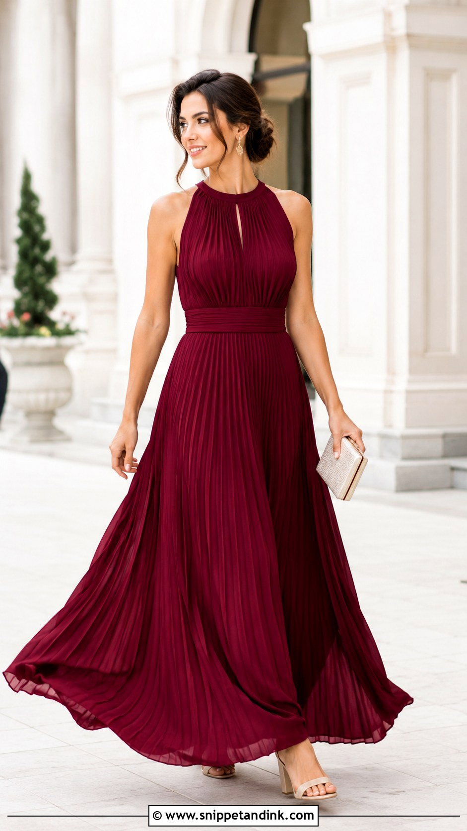 Maroon Pleated Gown With Block Heels - Snippet and Ink - 30 Maroon Gown Ideas