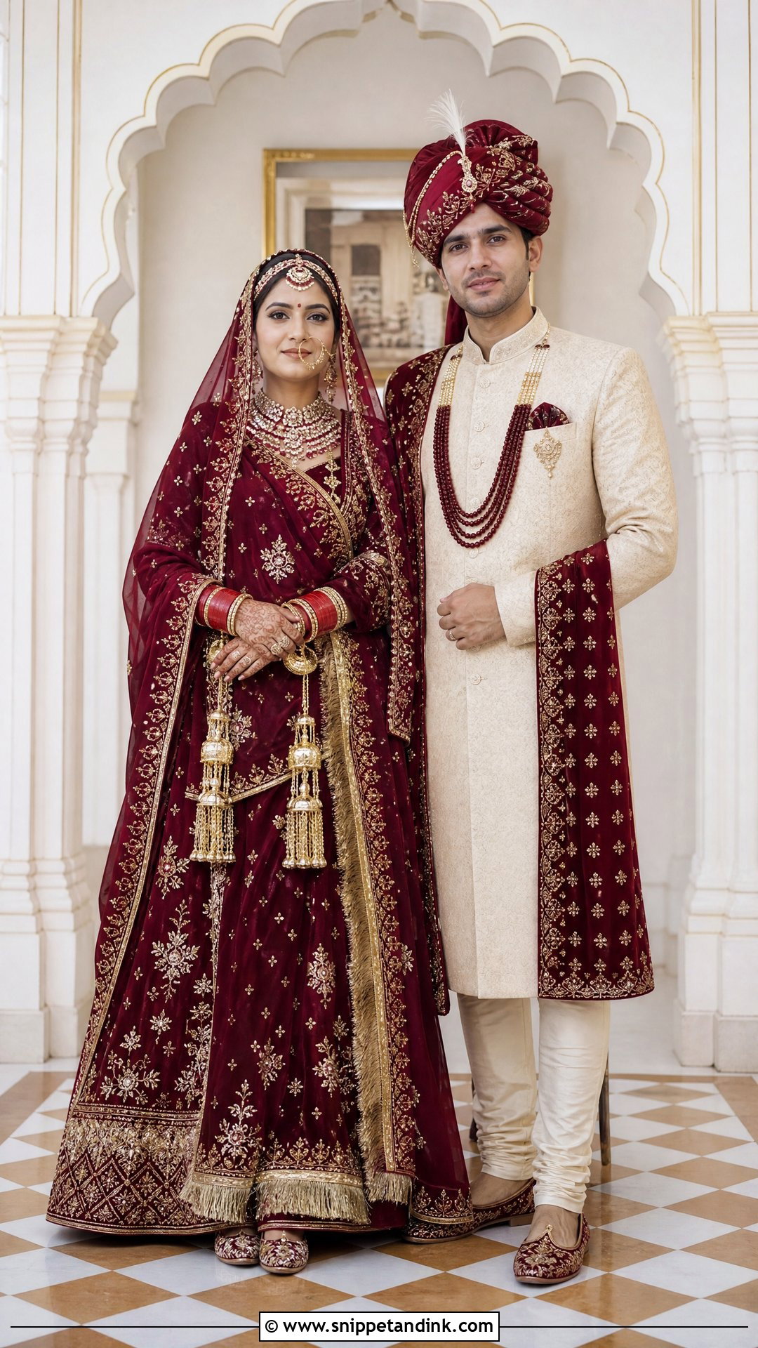 Maroon Rajputi Couple Outfit - Snippet and Ink - 20 Rajputi Couple Ideas