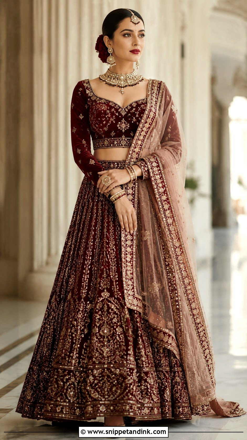 Maroon Red Bridal Lehenga With Velvet Blouse - Snippet and Ink - 25 Pakistani Red Bridal Dress Ideas