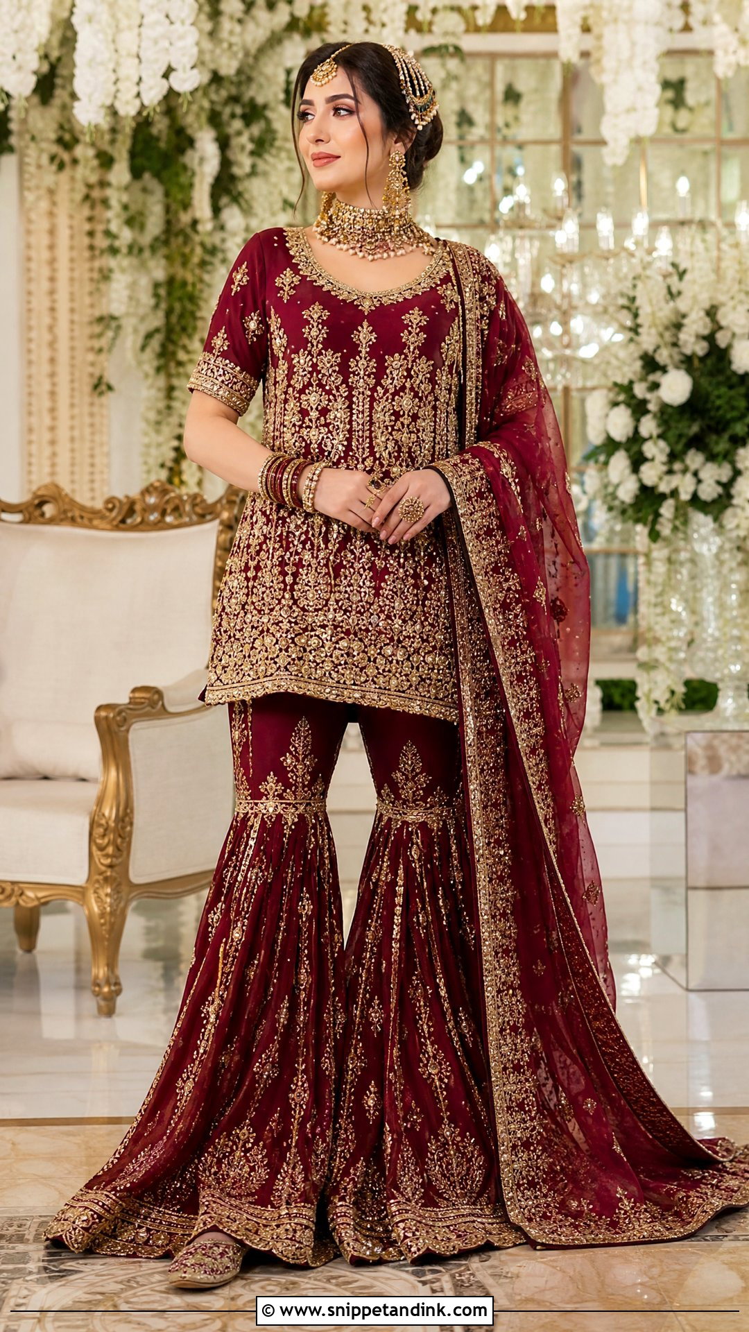 Maroon Sangeet Farshi Gharara - Snippet and Ink - 20 Pakistani Bridal Sangeet Outfit Ideas