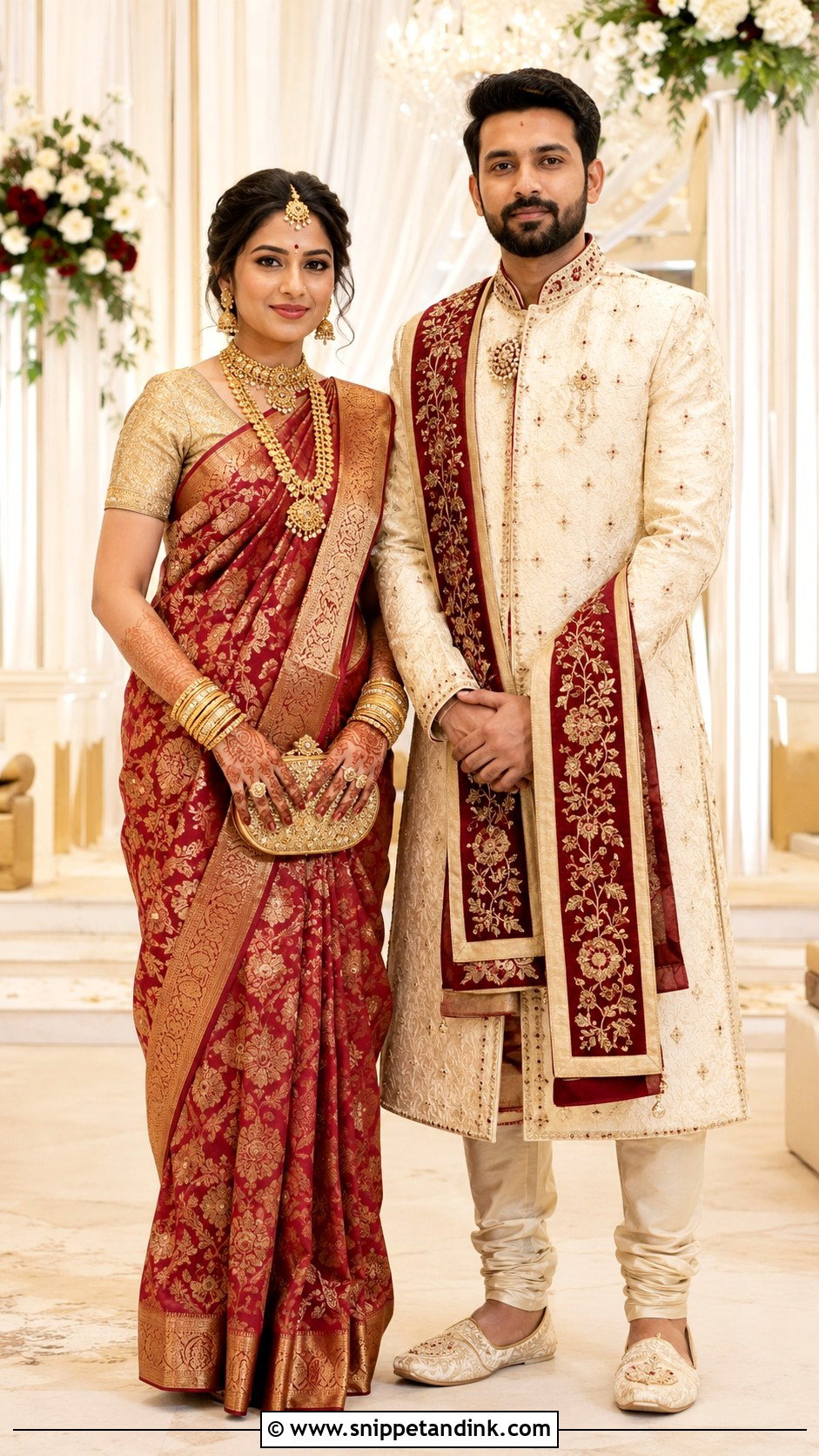 Maroon Saree And Ivory Sherwani Indian Wedding Outfit - Snippet and Ink - 20 Indian Wedding Matching Outfits