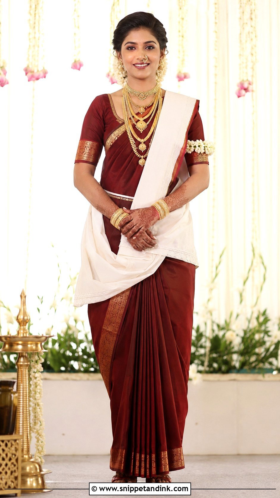 Maroon Saree With White Aadvarl - Snippet and Ink - 20 Konkani Bride Ideas