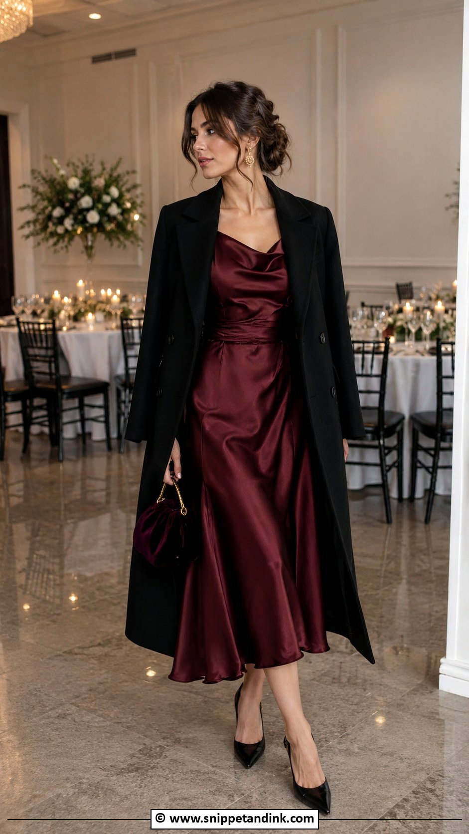 Maroon Satin Dress With Velvet Bag - Snippet and Ink - 35 Winter Wedding Dress Ideas