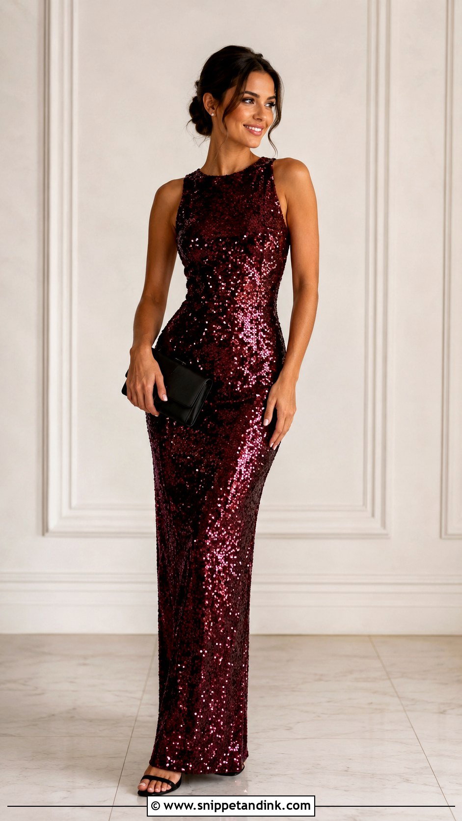 Maroon Sequin Gown With Simple Accessories - Snippet and Ink - 30 Maroon Gown Ideas