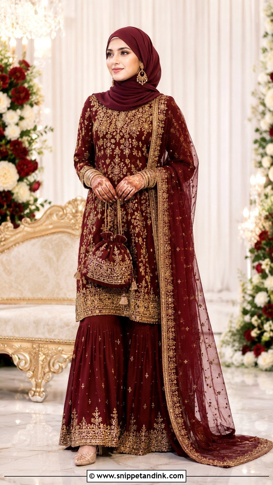 Maroon Sharara Wedding Hijab Outfit - Snippet and Ink - 20 Hijab in Wedding Ideas