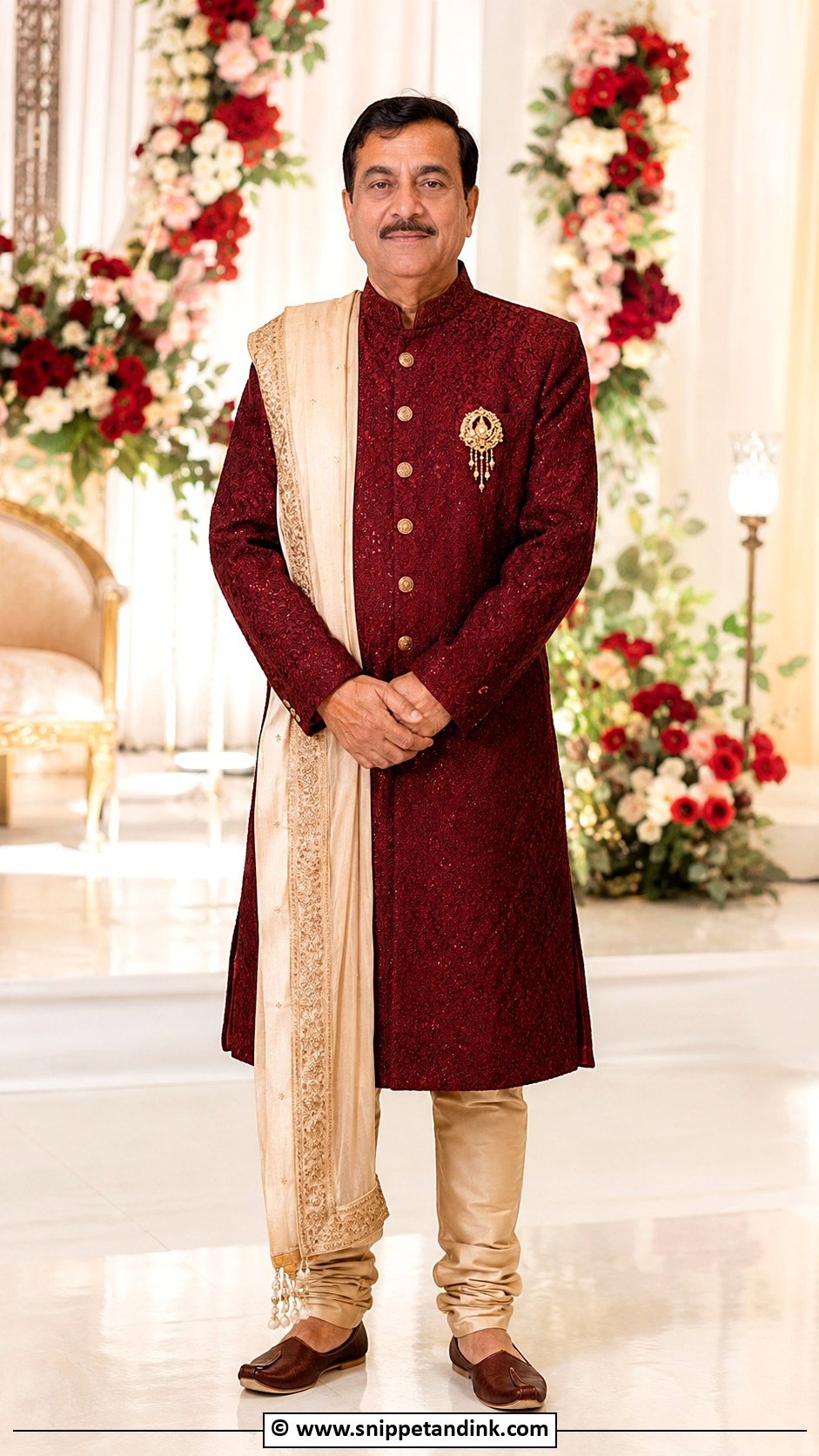 Maroon Sherwani With Beige Churidar - Snippet and Ink - 25 Indian Bride's Father Outfit Ideas