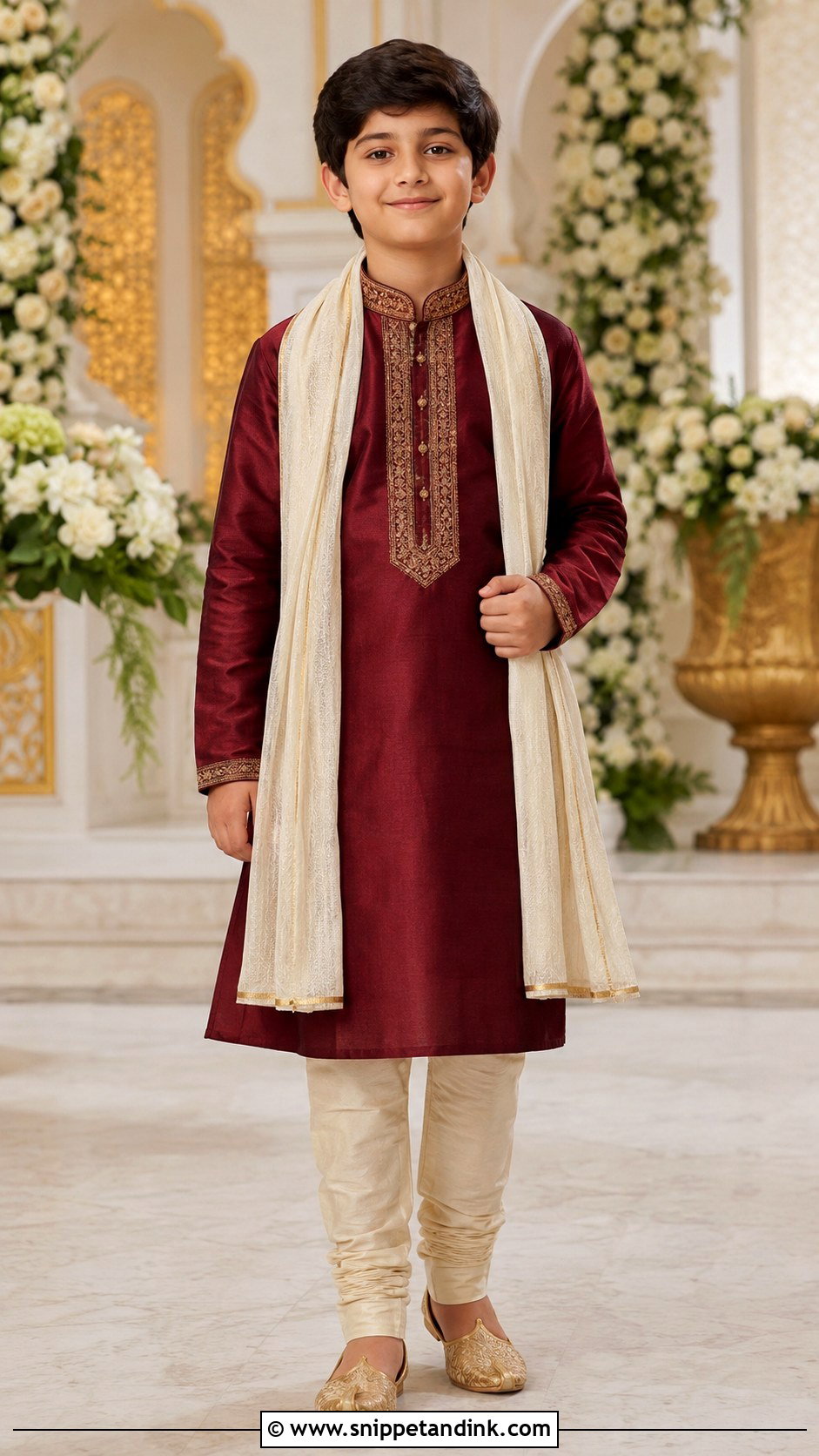 Maroon Silk Kurta With Cream Churidar - Snippet and Ink - 20 Kurta for Boys Wedding Ideas