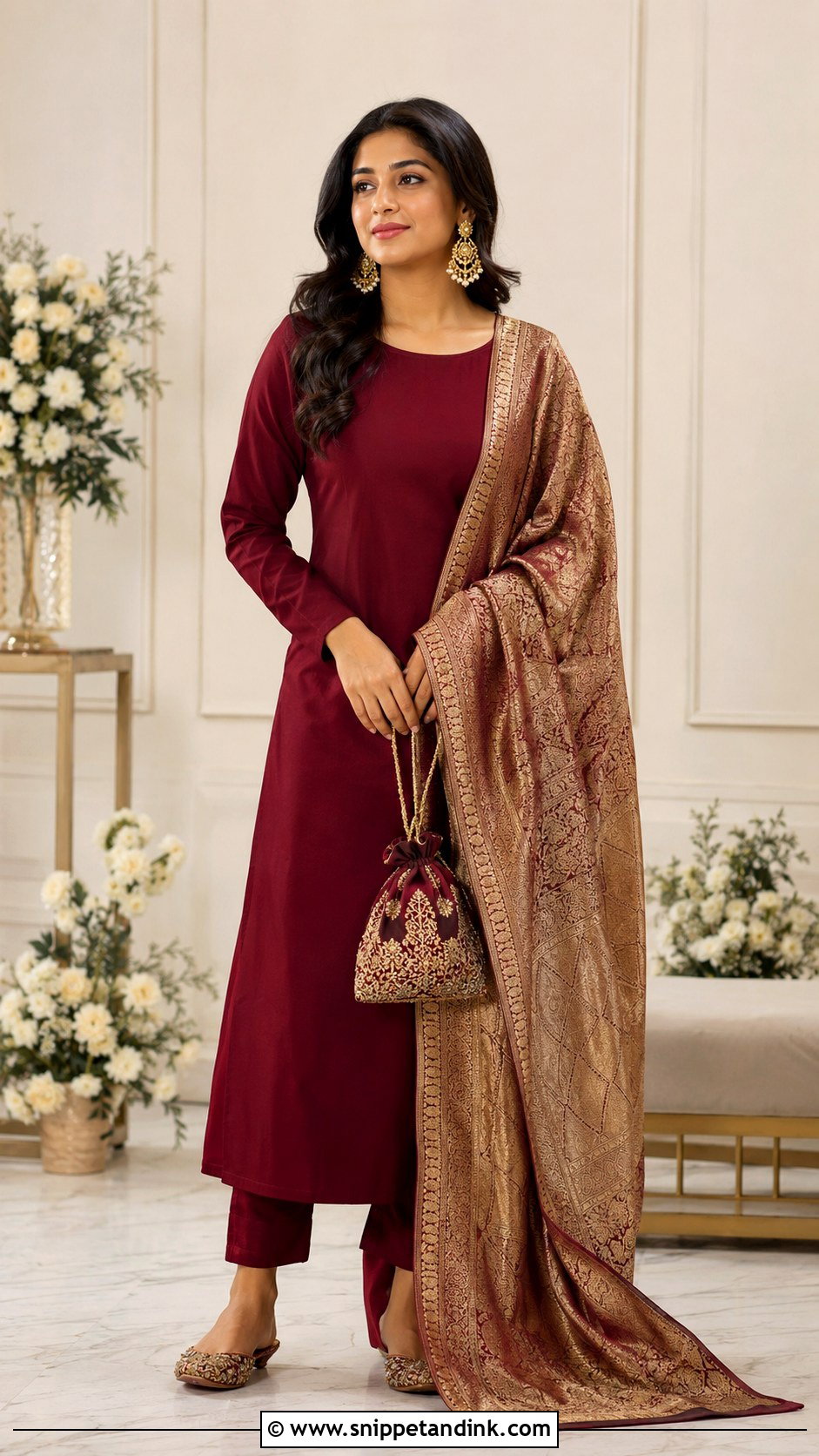 Maroon Simple Suit With Zari Dupatta - Snippet and Ink - 30 Simple Suit with Heavy Dupatta Ideas