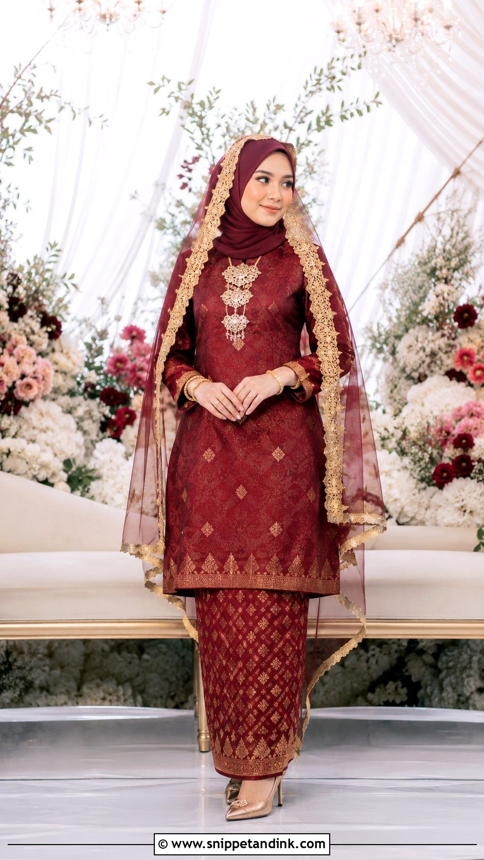 Maroon Songket Kebaya Wedding Dress - Snippet and Ink - 25 Malay Songket Wedding Dress Ideas