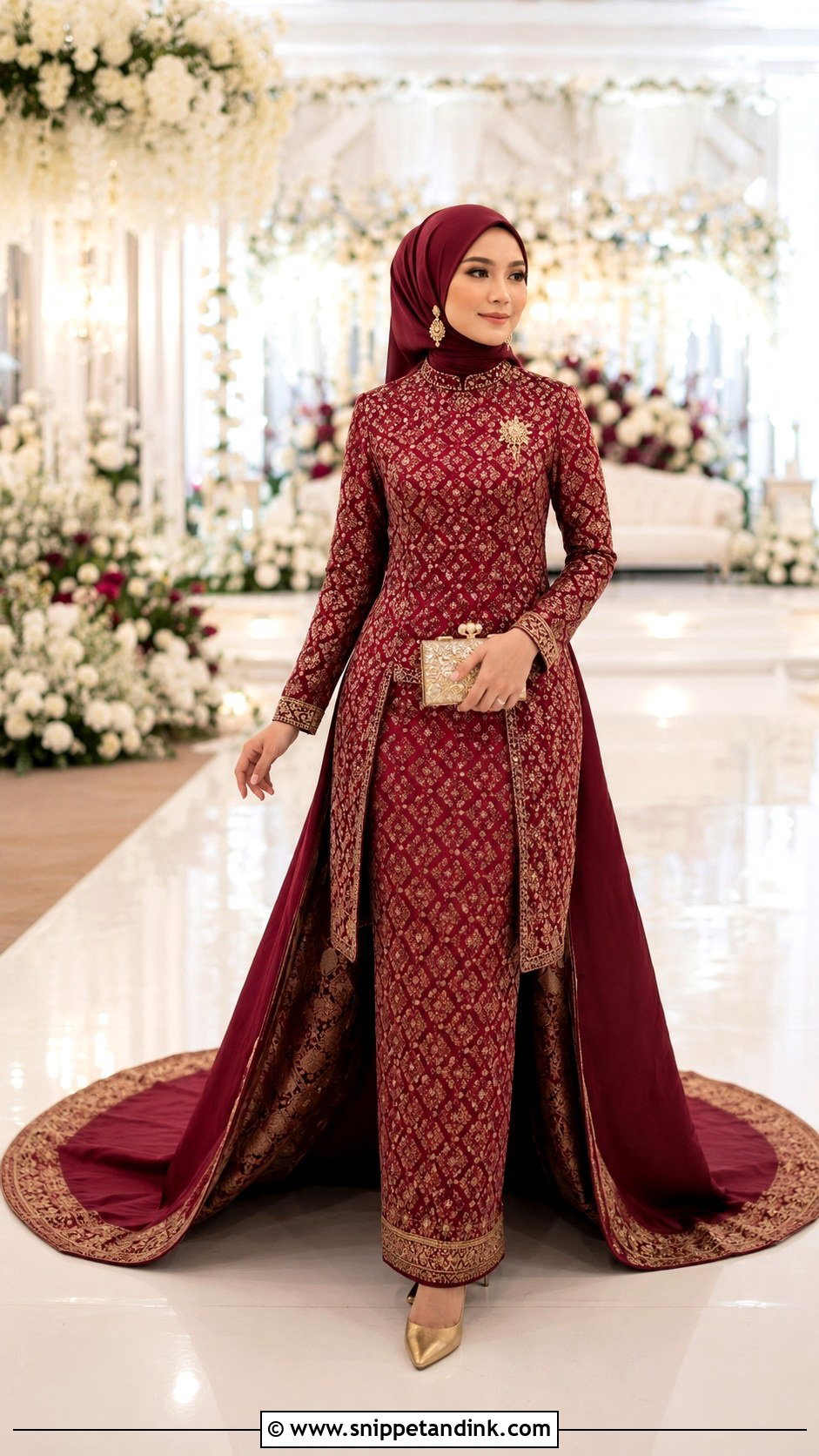 Maroon Songket Wedding Dress With Detachable Train - Snippet and Ink - 20 Modern Songket Wedding Dress Ideas