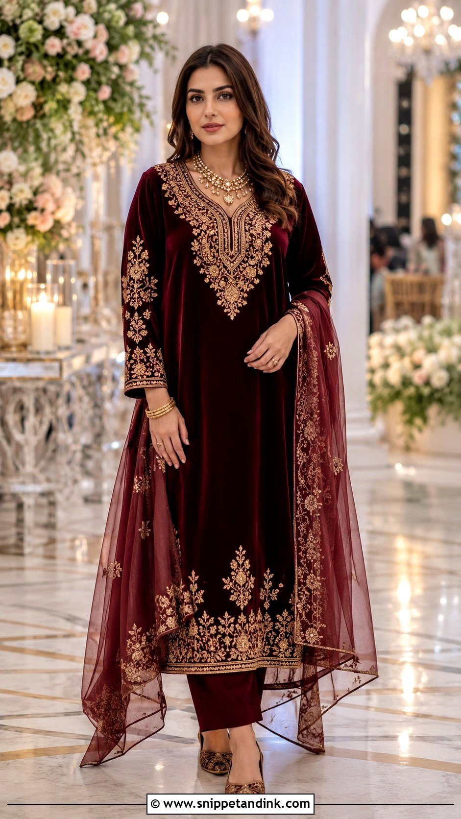 Maroon Tilla Embroidered Kashmiri Pheran - Snippet and Ink - 20 Kashmiri Wedding Dress Ideas