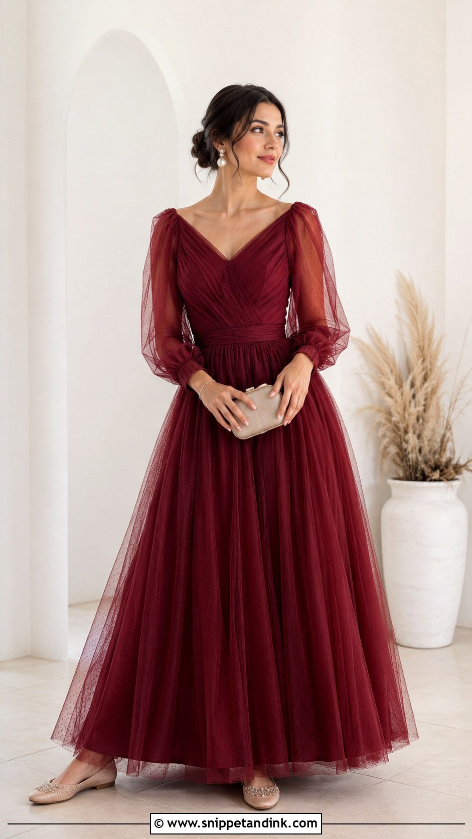 Maroon Tulle Gown With Ballet Flats - Snippet and Ink - 30 Maroon Gown Ideas