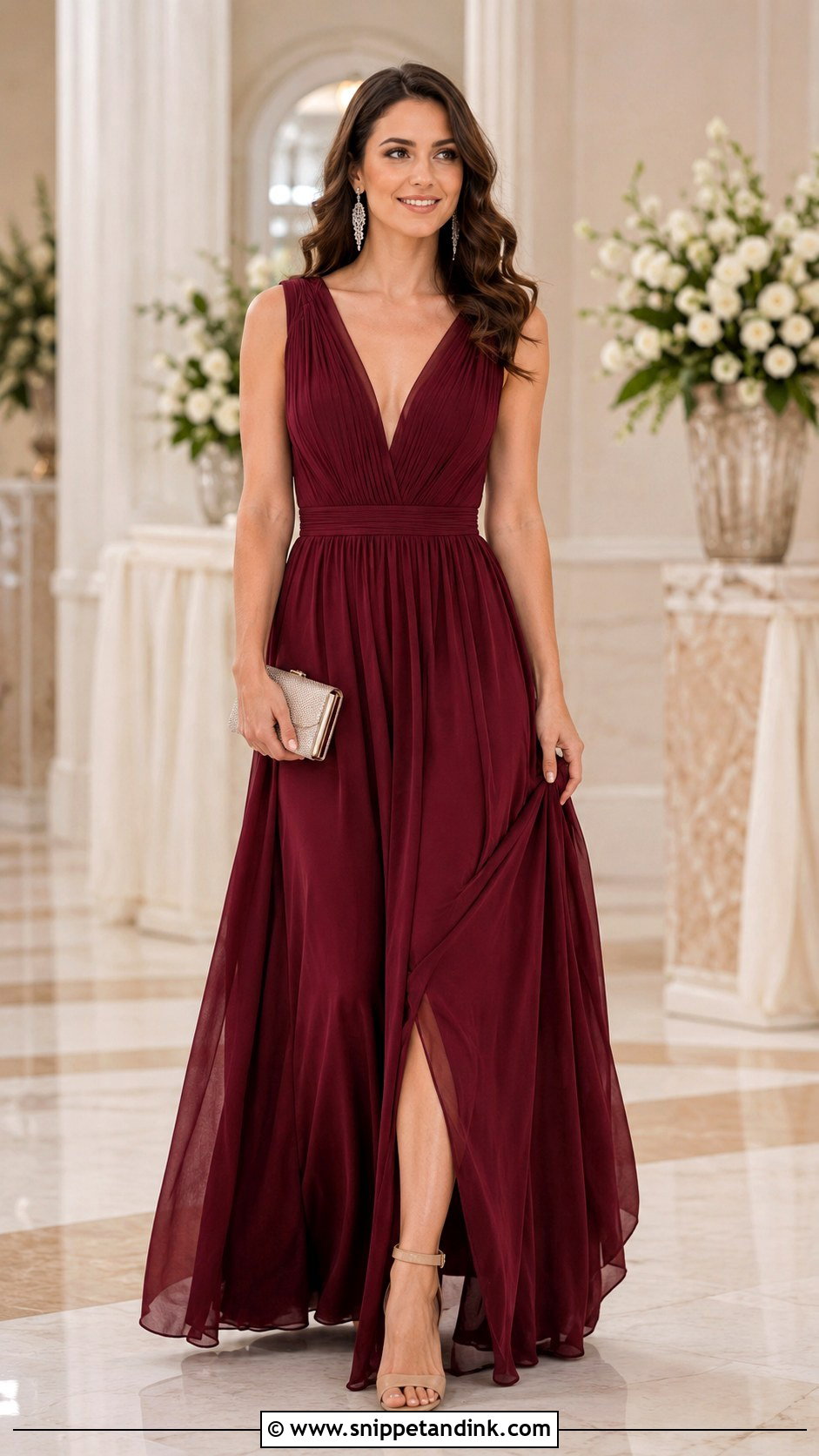 Maroon V Neck Gown With Champagne Heels - Snippet and Ink - 30 Maroon Gown Ideas