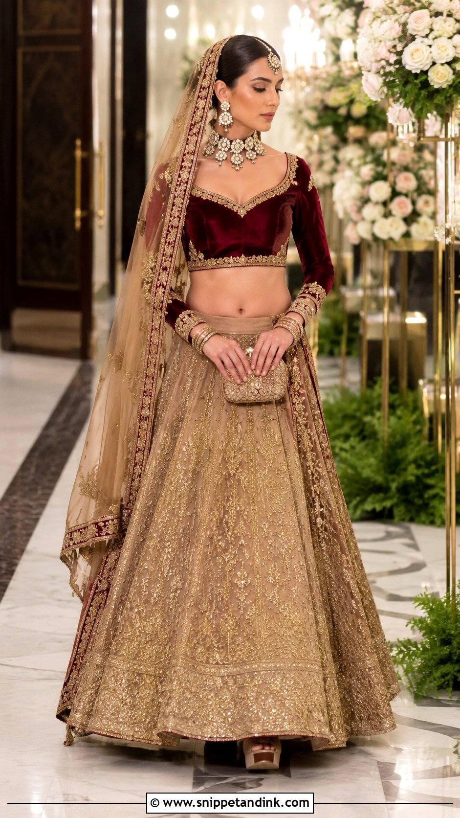 Maroon Velvet Blouse With Bridal Lehenga - Snippet and Ink - 20 Grand Blouse Designs for Marriage