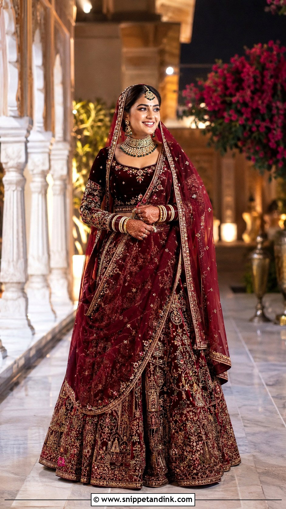 Maroon Velvet Bridal Choli With Full Sleeves - Snippet and Ink - 20 Bridal Choli Designs