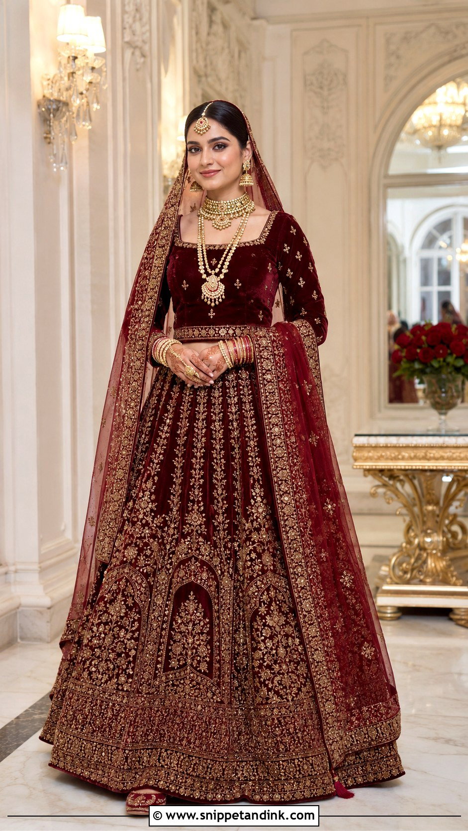 Maroon Velvet Bridal Langa With Gold Jewelry - Snippet and Ink - 20 Bridal Langa Ideas