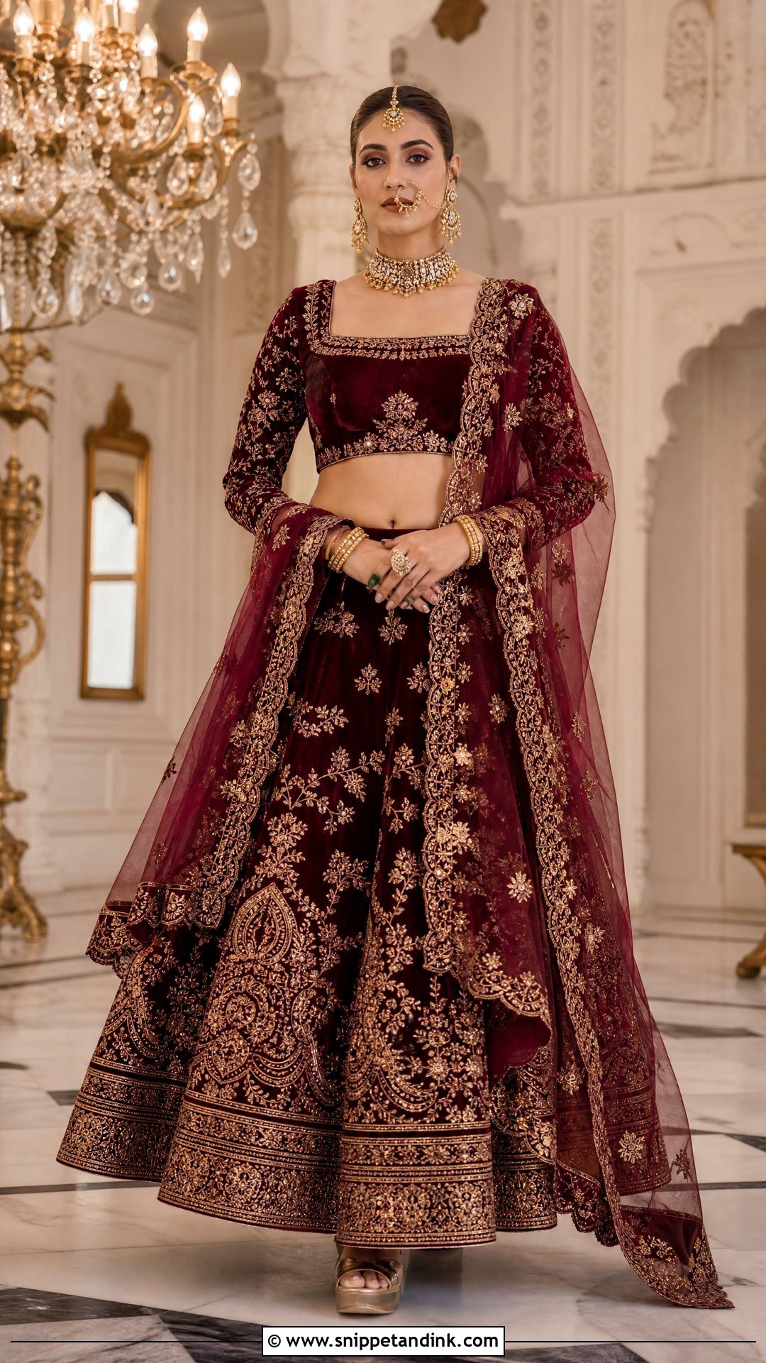 Maroon Velvet Bridal Lehenga - Snippet and Ink - 20 Red Indian Bridal Dress Ideas