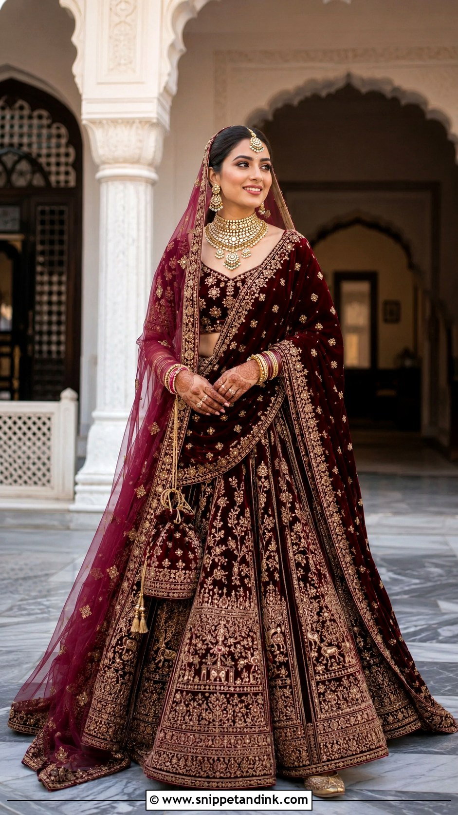 Maroon Velvet Bridal Lehenga - Snippet and Ink - 20 Indian Weddings Lehnga Designs