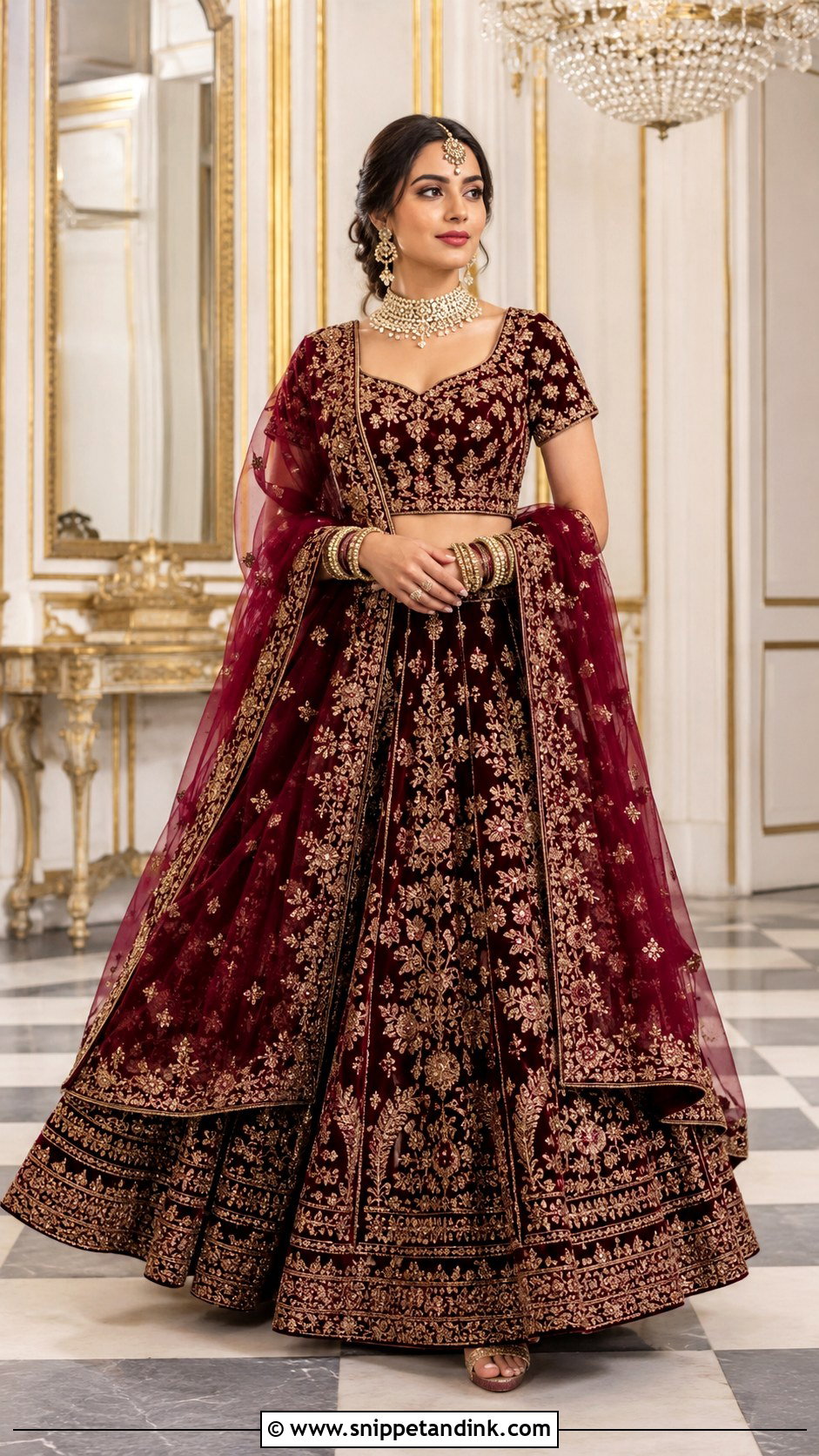 Maroon Velvet Bridal Lehenga With Kundan Set - Snippet and Ink - 25 Indian Weddings Bridal Lehnga Dress Ideas