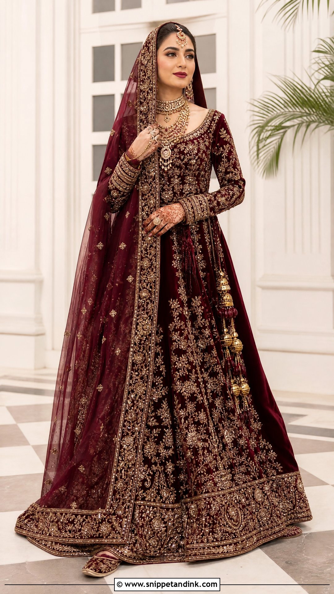 Maroon Velvet Bridal Lehenga With Polki Jewelry - Snippet and Ink - 20 Red Bridal Outfit Ideas