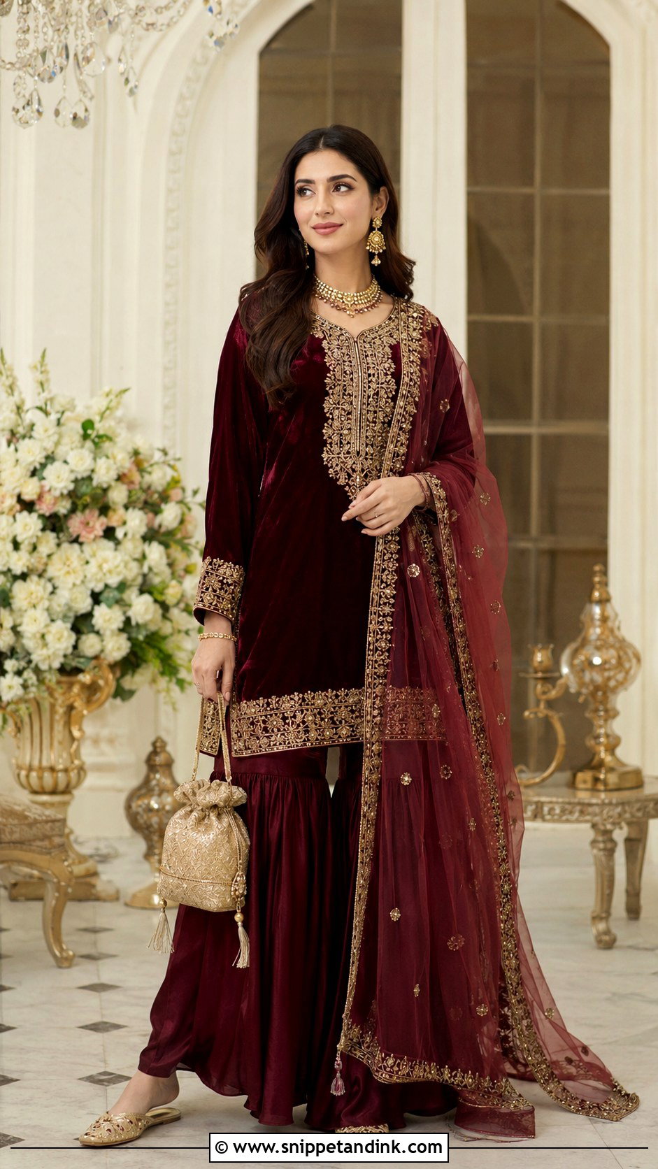 Maroon Velvet Garara With Embroidered Kurti - Snippet and Ink - 20 Garara Designs for Wedding