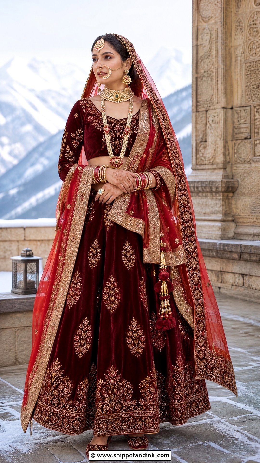 Maroon Velvet Garhwali Bride Lehenga - Snippet and Ink - 25 Garhwali Bride Ideas